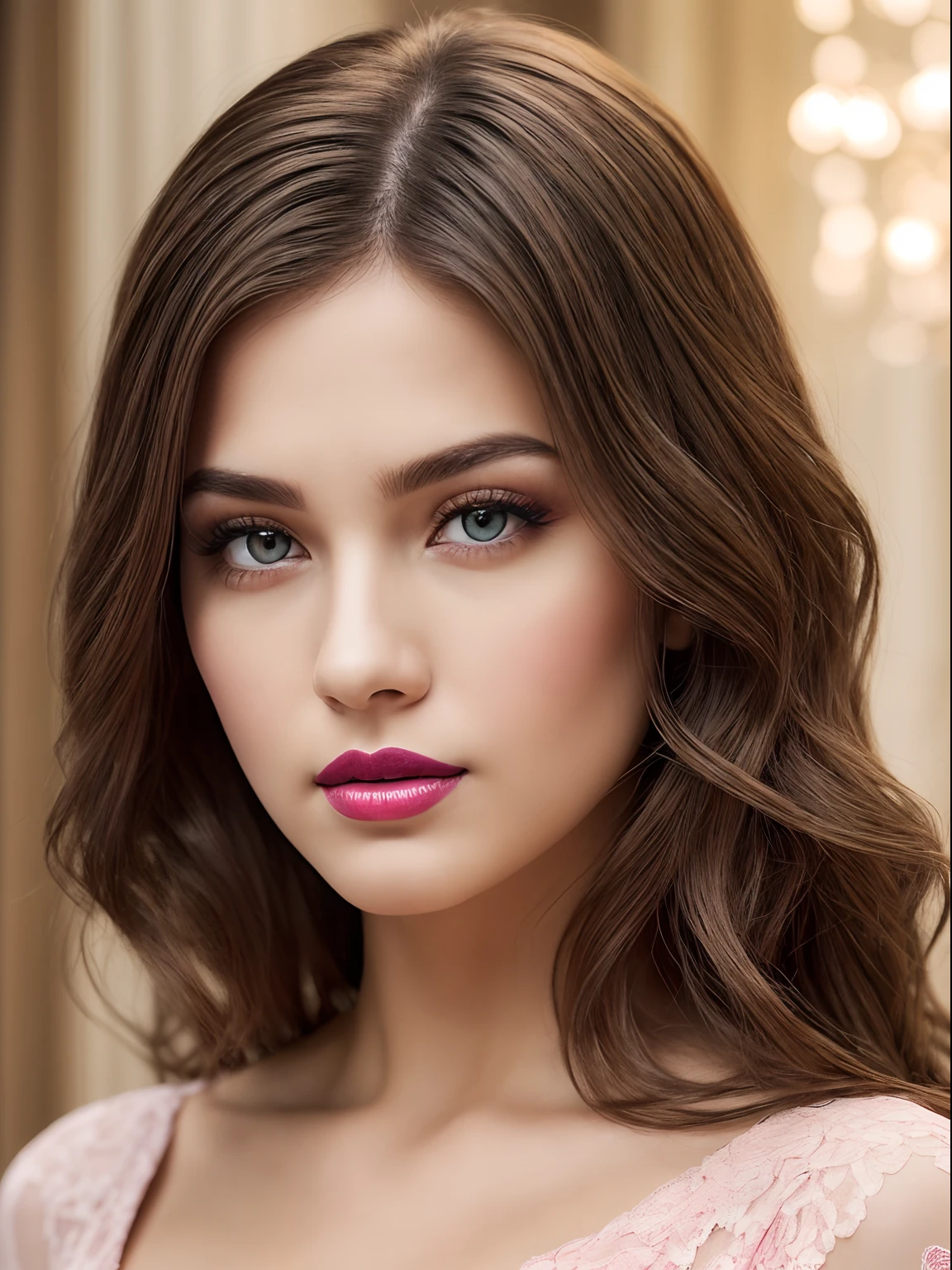 (Best quality,8K,A high resolution,Masterpiece:1.2, DSLR, 16k ),Ultra-detailed,(Realistic,Photorealistic,photo-realistic:1.37),Portrait, Creative style artwork, Historical, classical, Sophisticated, plethora of colors ,Highly detailed, Soft lighting, luxurious environment , black dress, there is young woman , girl wearing a red classy royal dress, performing a music video, slim fit (oval perfect shape, asymmetrical face structure, perfect proportion, almond eye type, hazal eye color, detailed eyes, brown hair color, 32 inch breasts, hourglass figure, slim body, pale white skin tone ,sexy girl, 21 years old, soft wavy hair, looking away, attitude expression, professional makeup, pink lips)