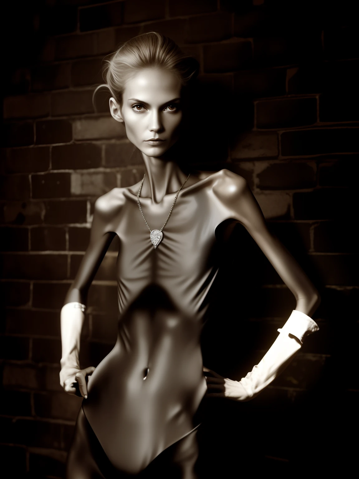 Skinny woman, Extremely emaciated body,Sunken abdomen,Very slim waist and legs,Thin figure,Skinny ribs are noticeable,The pelvis is pronounced,The face is thin,Haggard expression,Wear a one-piece skinny latex suit,Shriveled breasts,A sagging breast,Hunger and weakness,short detailed hair,Automatically colorize white photos
