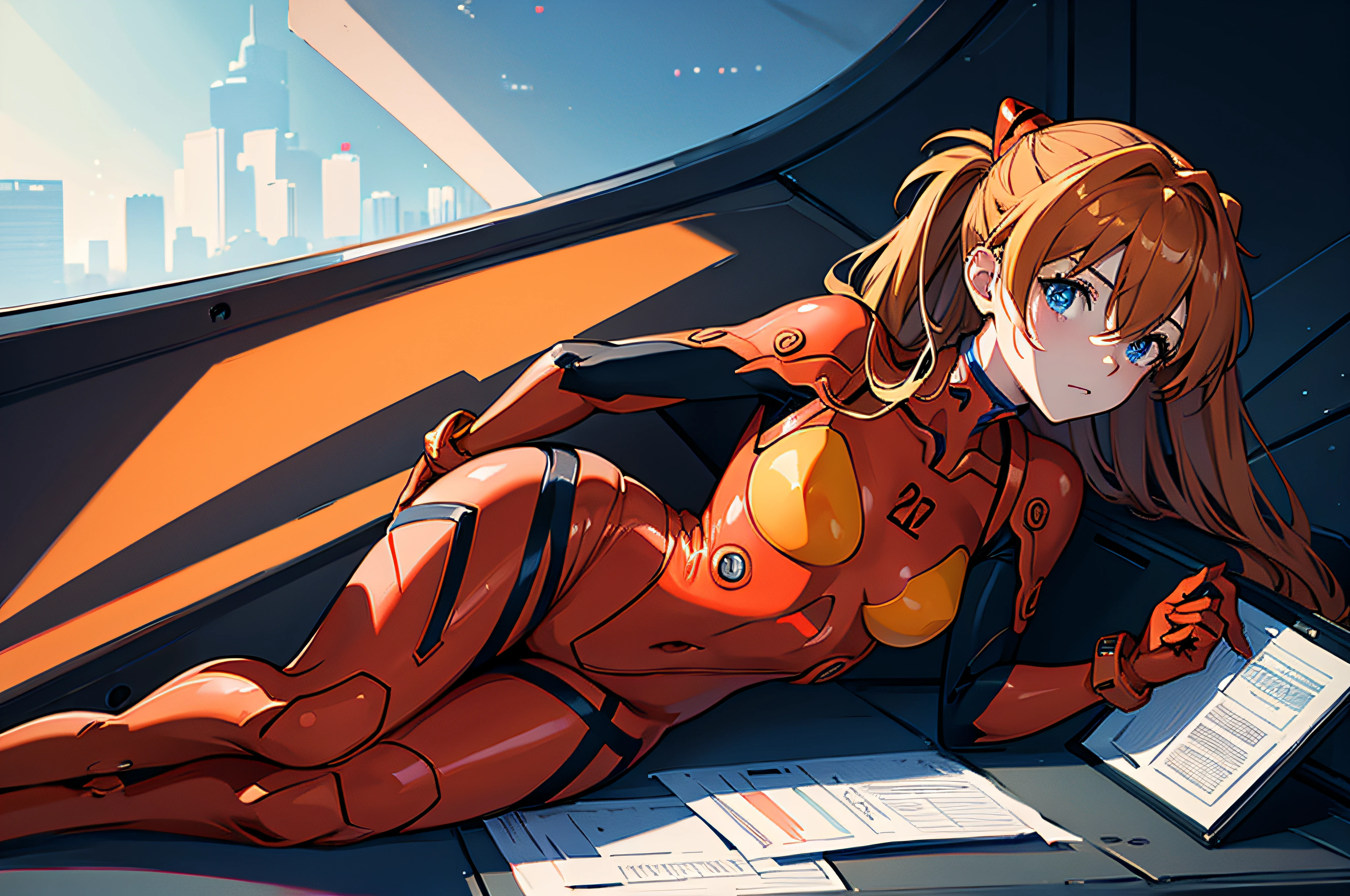 from side, (masterpiece), best quality, expressive eyes, perfect face, 1girl, solo,asuka langley soryu, blue eyes, hair between eyes, headgear, interface headset, orange hair, bodysuit, long sleeves, plugsuit, red bodysuit, laboratory background, sitting on the floor, straight leg, bent leg,character sheet, upper body, portrait, looking at the viewer