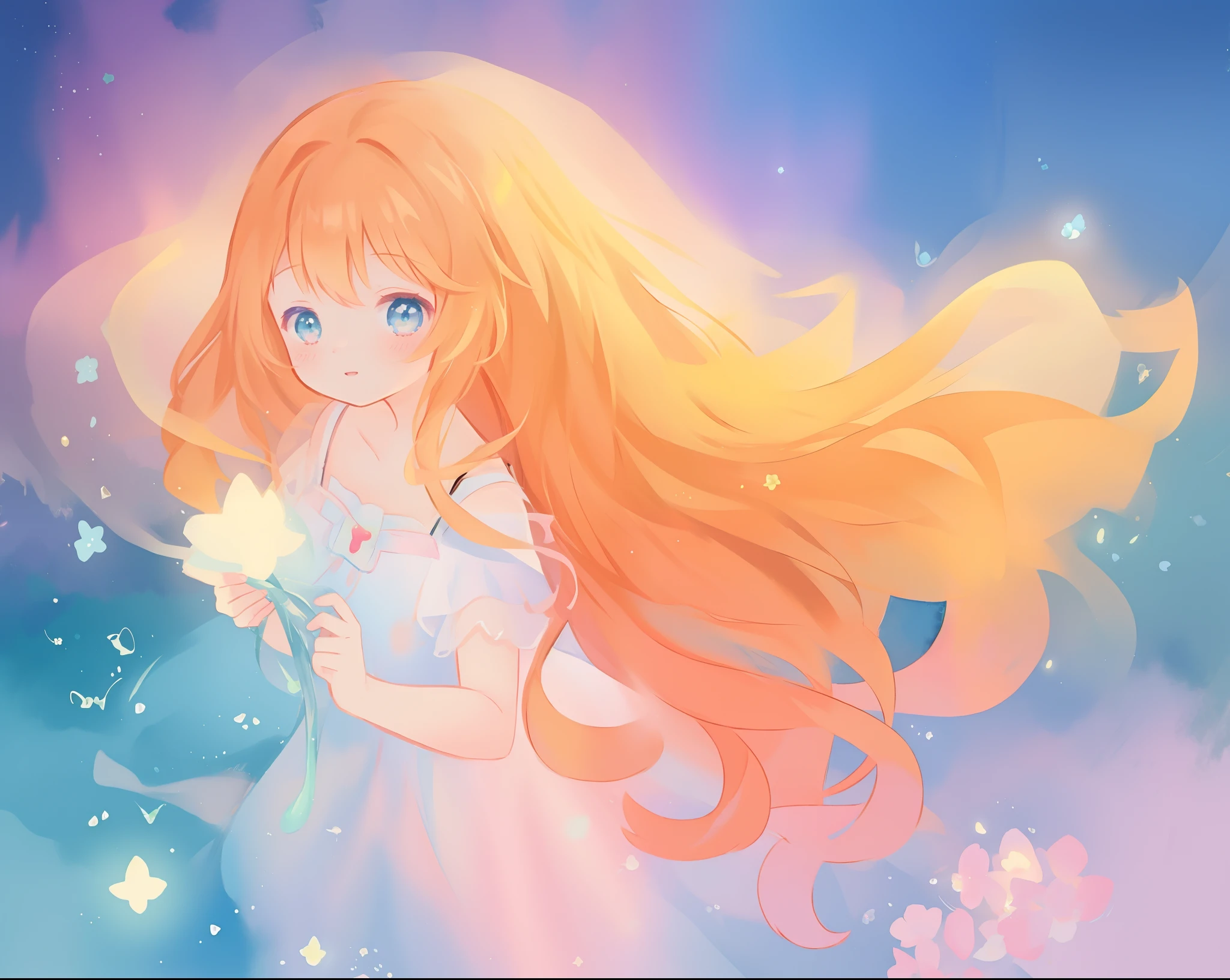 beautiful girl in flowing multi-layered dress, fairy dress, long golden hair, watercolor illustration, inspired by Glen Keane, inspired by Lois van Baarle, disney art style, by Lois van Baarle, glowing aura around her, by Glen Keane, jen bartel, glowing lights! digital painting, flowing glowing hair, glowing flowing hair, beautiful digital illustration, fantasia otherworldly landscape plants flowers, beautiful, masterpiece, best quality, anime disney style