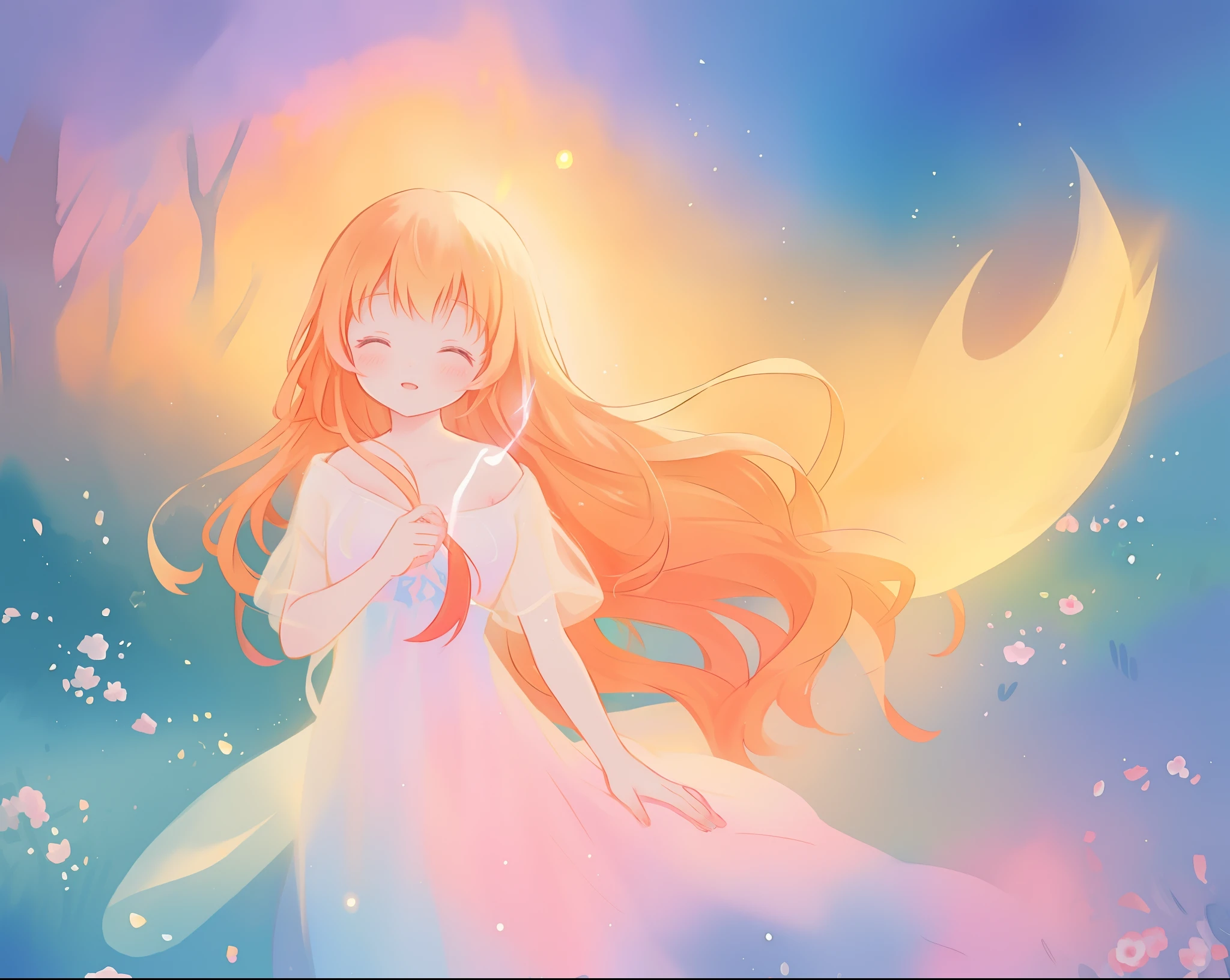 beautiful girl in flowing multi-layered dress, fairy dress, long golden hair, watercolor illustration, inspired by Glen Keane, inspired by Lois van Baarle, disney art style, by Lois van Baarle, glowing aura around her, by Glen Keane, jen bartel, glowing lights! digital painting, flowing glowing hair, glowing flowing hair, beautiful digital illustration, fantasia otherworldly landscape plants flowers, beautiful, masterpiece, best quality, anime disney style