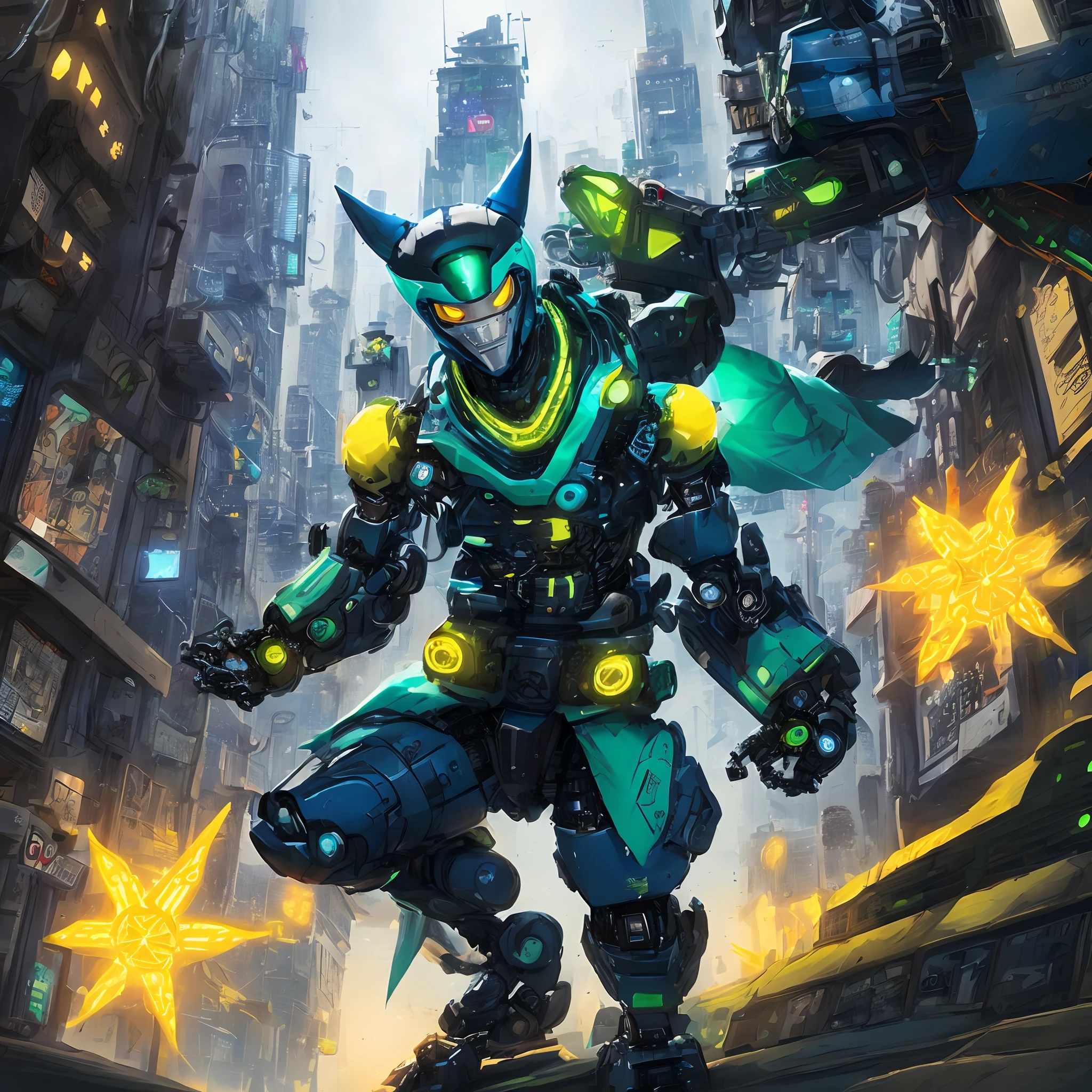 Futuristic robotic ninja, with dark blue and light green details, with yellow and blue shuriken, in a futuristic city