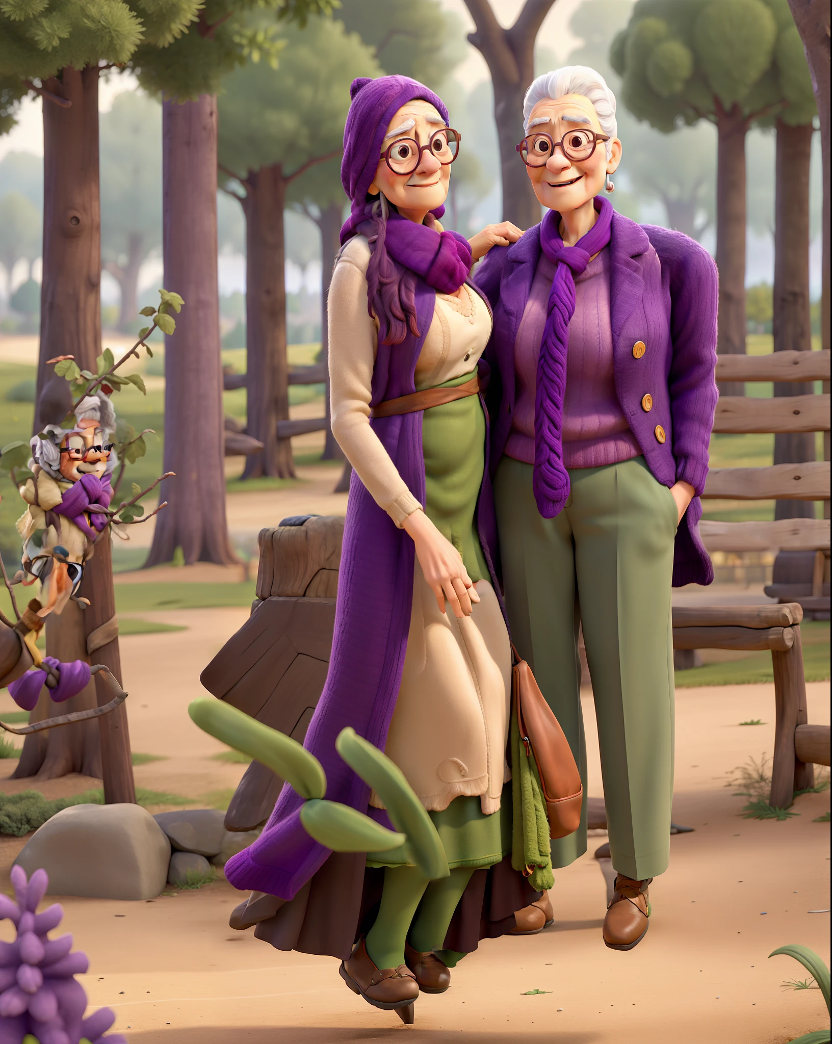 masterpiece, best quality, an old woman with glasses and a scarf on, wearing a purple coat and green scarf, standing at the park