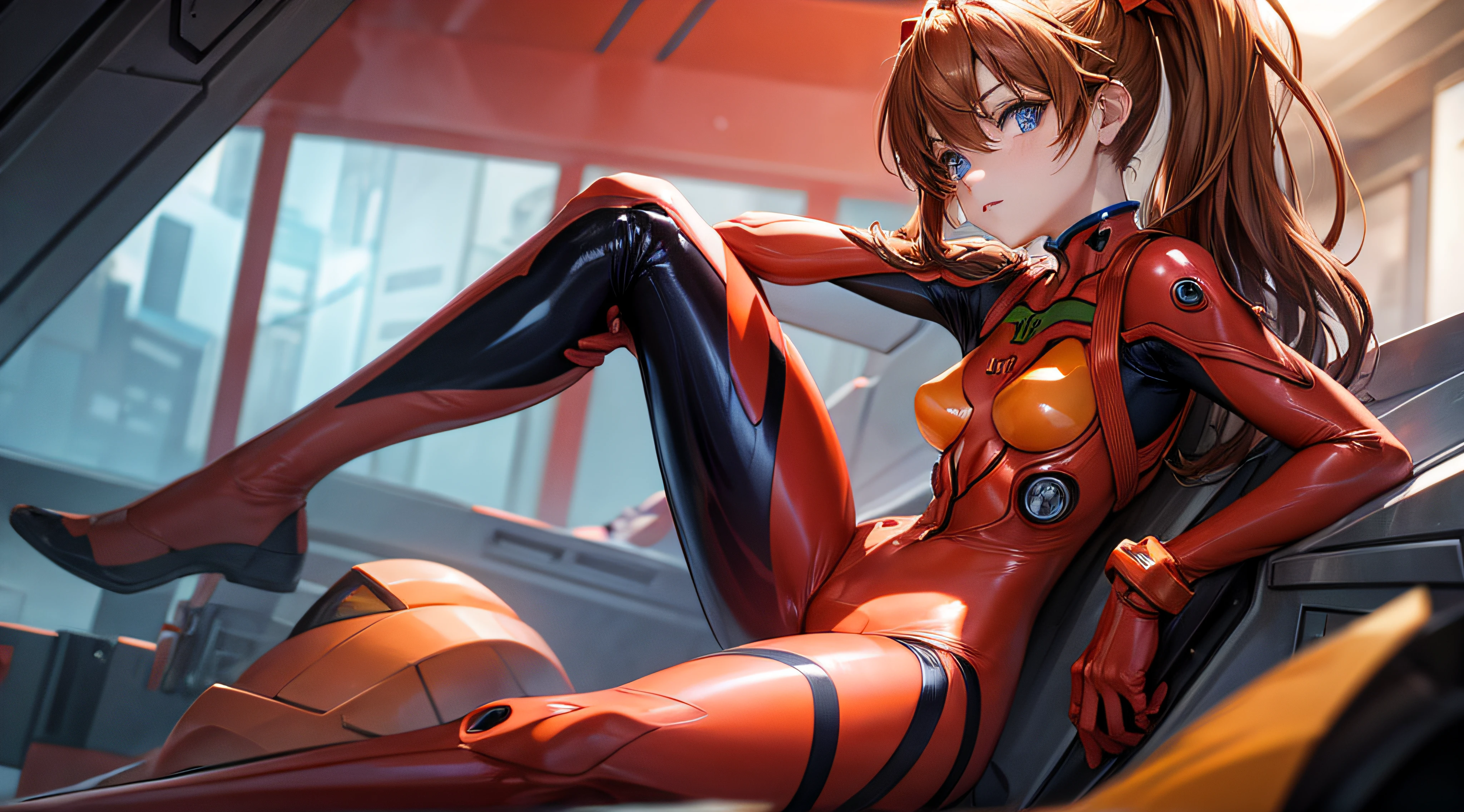 from side, (masterpiece), best quality, expressive eyes, perfect face, 1girl, solo,asuka langley soryu, blue eyes, hair between eyes, headgear, interface headset, orange hair, bodysuit, long sleeves, plugsuit, red bodysuit, laboratory background, sitting on the floor, straight leg, bent leg,character sheet, upper body, portrait, looking at the viewer