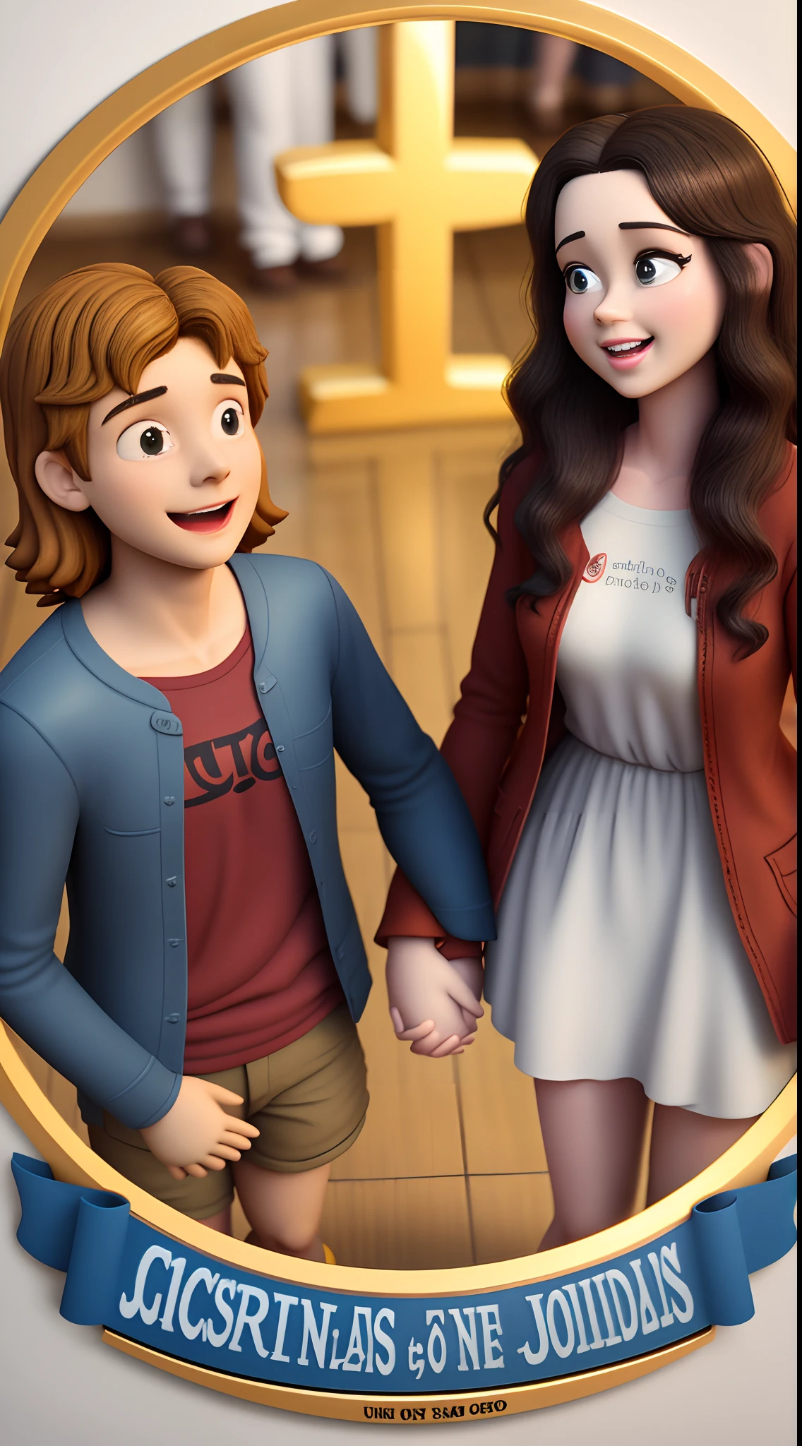 Disney Pixar Inspired Poster, efeito 3D, uma escola com jovens na sala de aula, in a circle and holding hands, with Jesus admiring and with the title CIC in gold color.