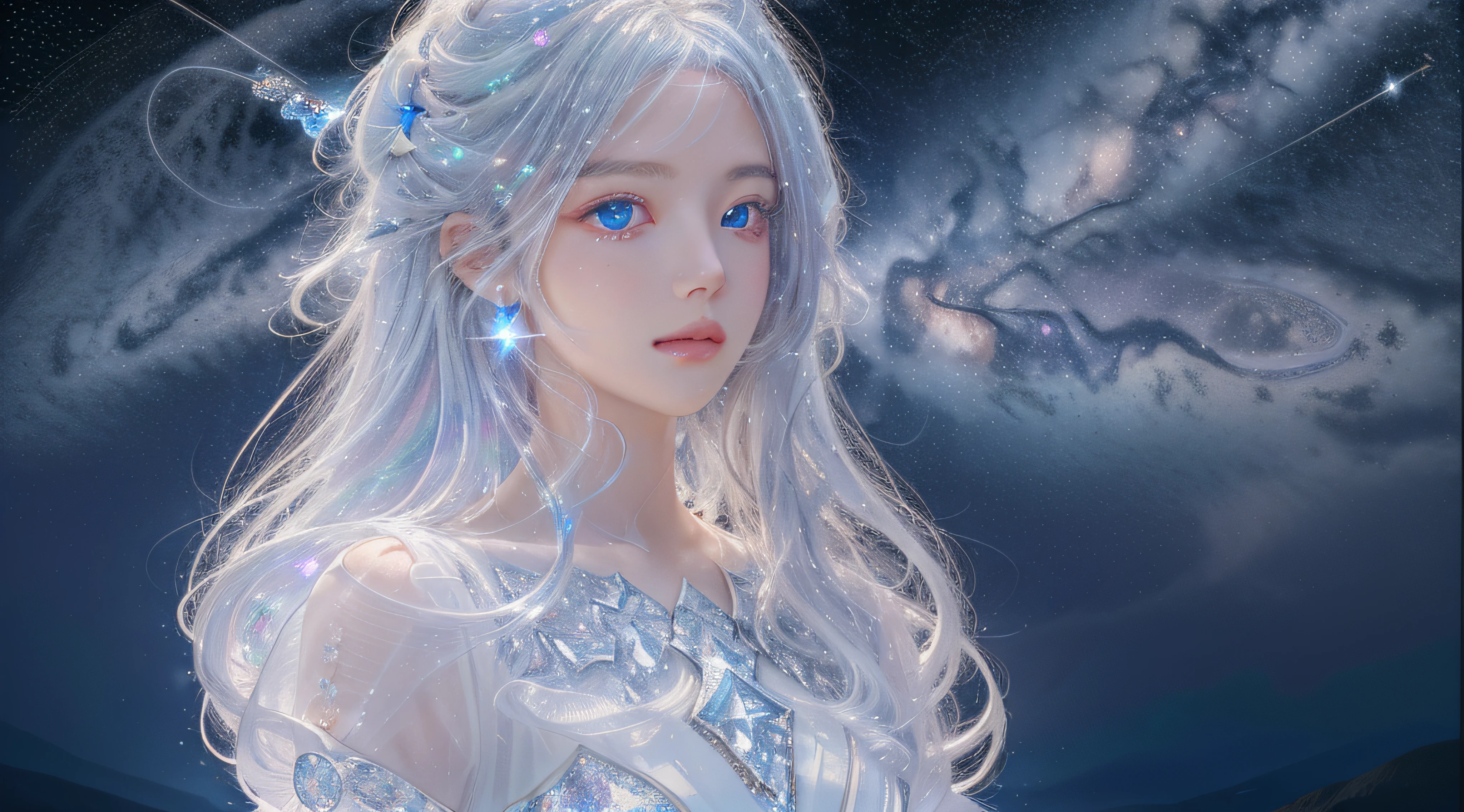 Masterpiece, Best quality,A high resolution, 1girll, Long_White_Hair, Stars in Eyes, See_Through, (((shimmering dazzling lighting))), (luminous), detailed shadow, meteors, stars, milky ways, Starcloud, Star in white dress, Messy floating hair, Colored inner hair, Starry sky adorns hair, Chiffon, rip, stars, White theme