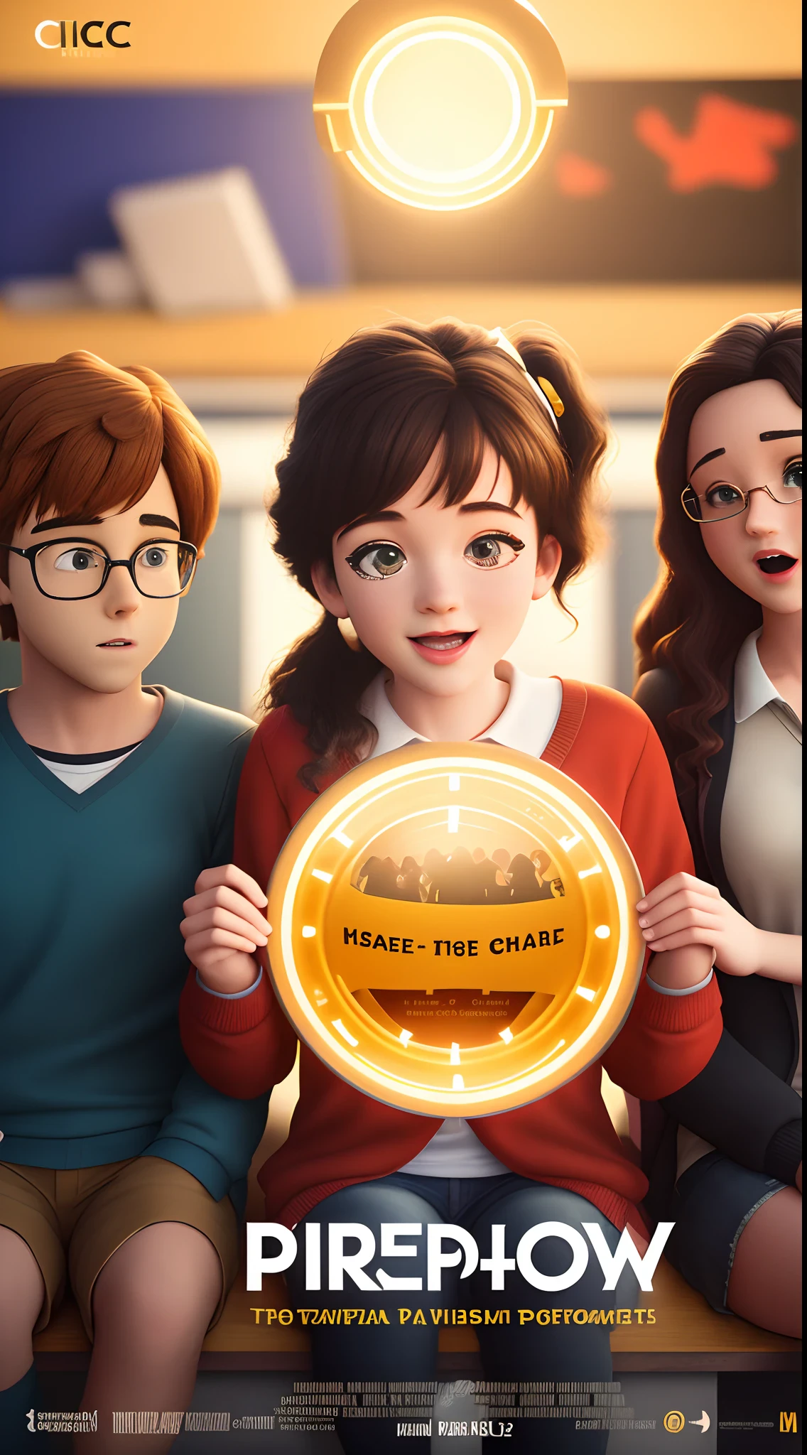 Disney Pixar Inspired Movie Poster with 3D Effect. A school with teenagers in the classroom in a circle, hand in, with the title CIC in gold color.