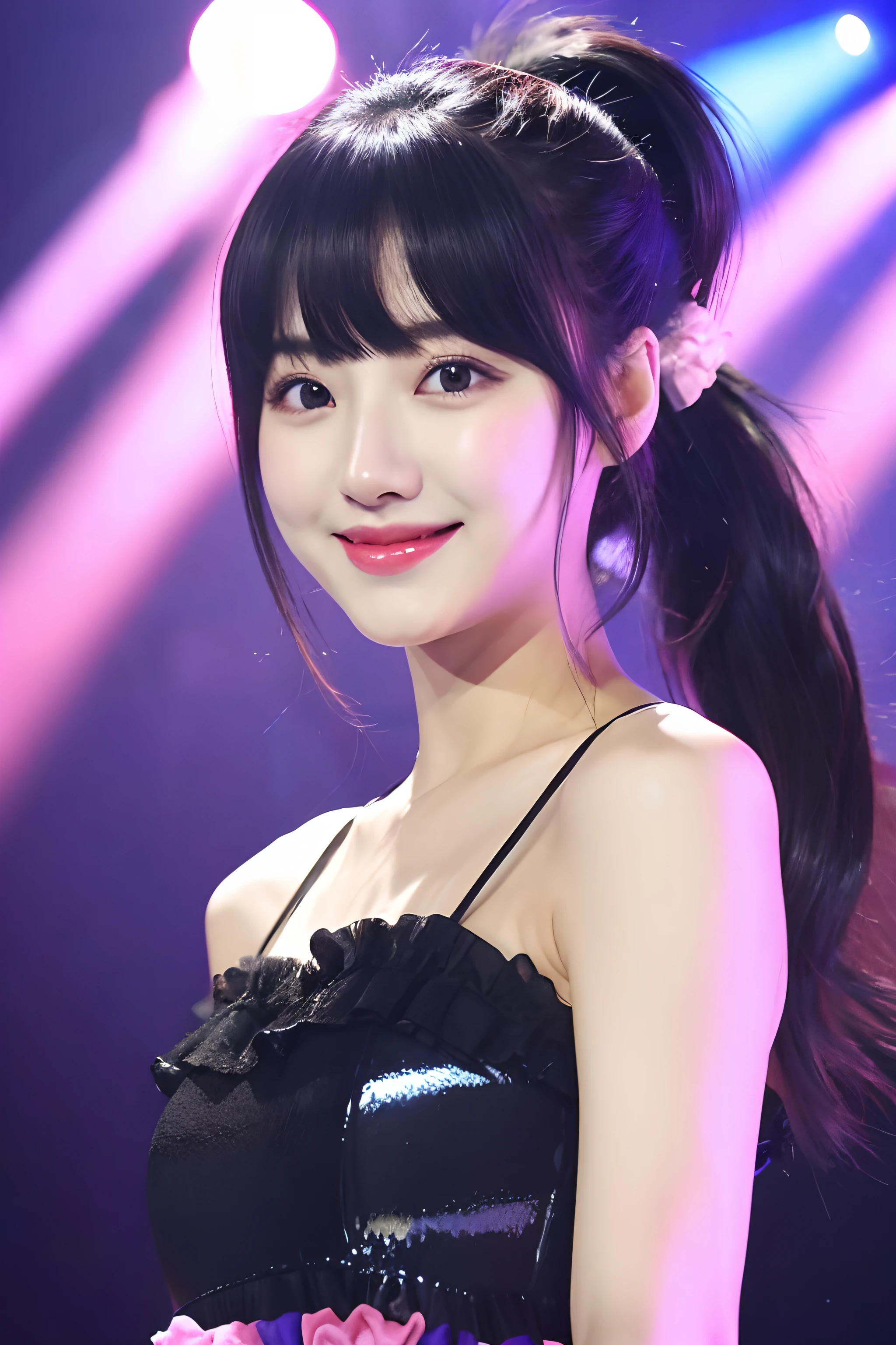 (((upper bod)))、((Girl in 1))、(looking at view)、(in her 20s)、((Black hair long hair))、((Pattsun bangs))、((Pony tail))、(a smile)、((Ultramammy))、(Pink princess dress with ruffles)、(brown-eyed)、(Photoreal Stick:1.2)、in 8K、(High quality shadows)、Detail Beautiful delicate face、Detail Beautiful delicate eyes、Cute K-pop Idol、(Korean Urzan Face)、(ulzzang -6500-v1.1:0.6)、gloweyes、perfectbody、Natural color reproduction、Bright red lipstick、Shiny hair、Description beautiful delicate hair、(Lustrous skin)、电影灯光、Holding a microphone on the stage of a live house、Dazzling spotlights、