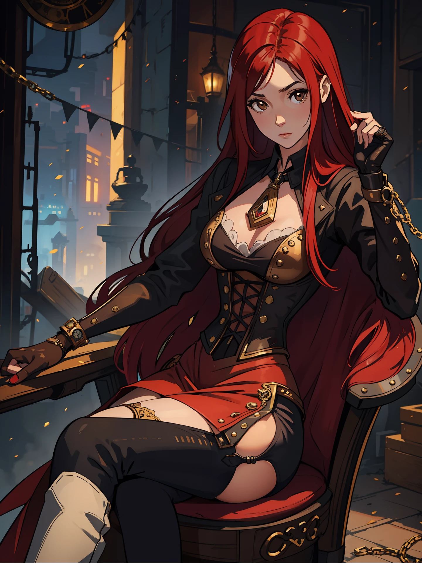 Erza Scarlet is one of the main characters in the series. The young woman with scarlet hair and brown eyes is described as an amazing woman, very strict and who does not admit when others make mistakes. She's a slender, Figura elegante com curvas bem desenhadas. Her most common attire consists of a corset with custom-made laces, a pair of black pants, Botas pretas e brincos em forma de diamante, in high resolution, circunstanciado ((melhor qualidade)) ((sentada em uma cadeira)) ((steampunk))