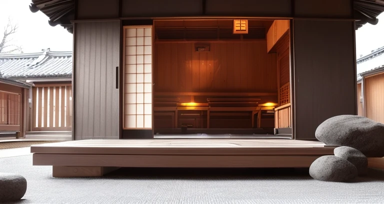 sauna、Dark and narrow tea room、Lots of steam、Beautiful tatami mats、Stone and wood stove、Tea Ceremony in Japan、Black is the base tone、high-class sense、in the edo era、temple、