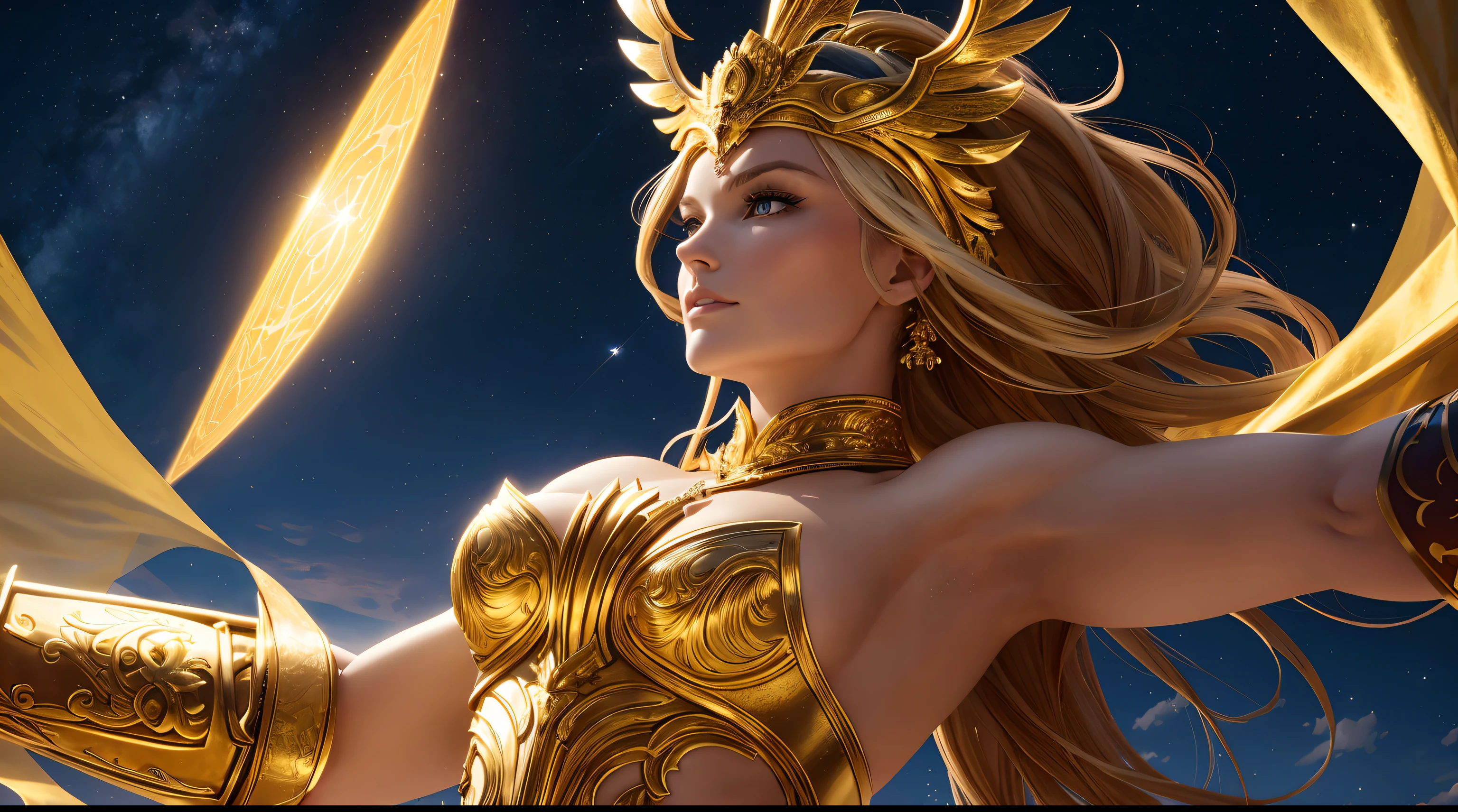 Lindsey Vonn as a MYTHOLOGICAL DIVA in a golden armor, deitada em um trono dourado, golden armlets, braceletes dourados largos, coxas expostas, right arm pointing upwards, head looking up, , corpo atletico, olhando para o lado, Musculatura suavemente definida, back vision, perspectiva de corpo inteiro, Realismo 32K, obra prima, raios de luz amarelo, sol, night  sky.
