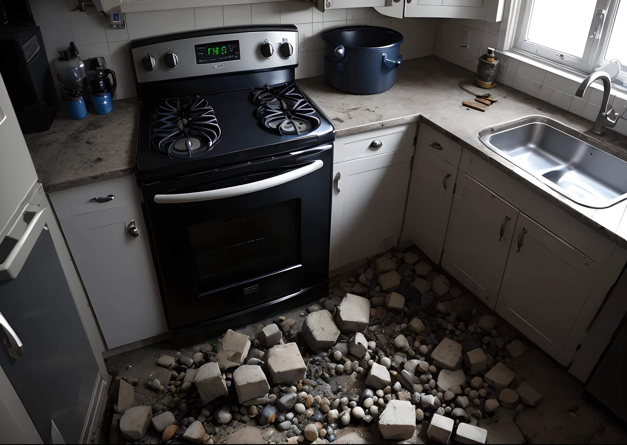 A black and white stove all destroyed with the symbol of the Botafogo team from Rio de Janeiro . Com varios torcedores dos times rivais rindo dele