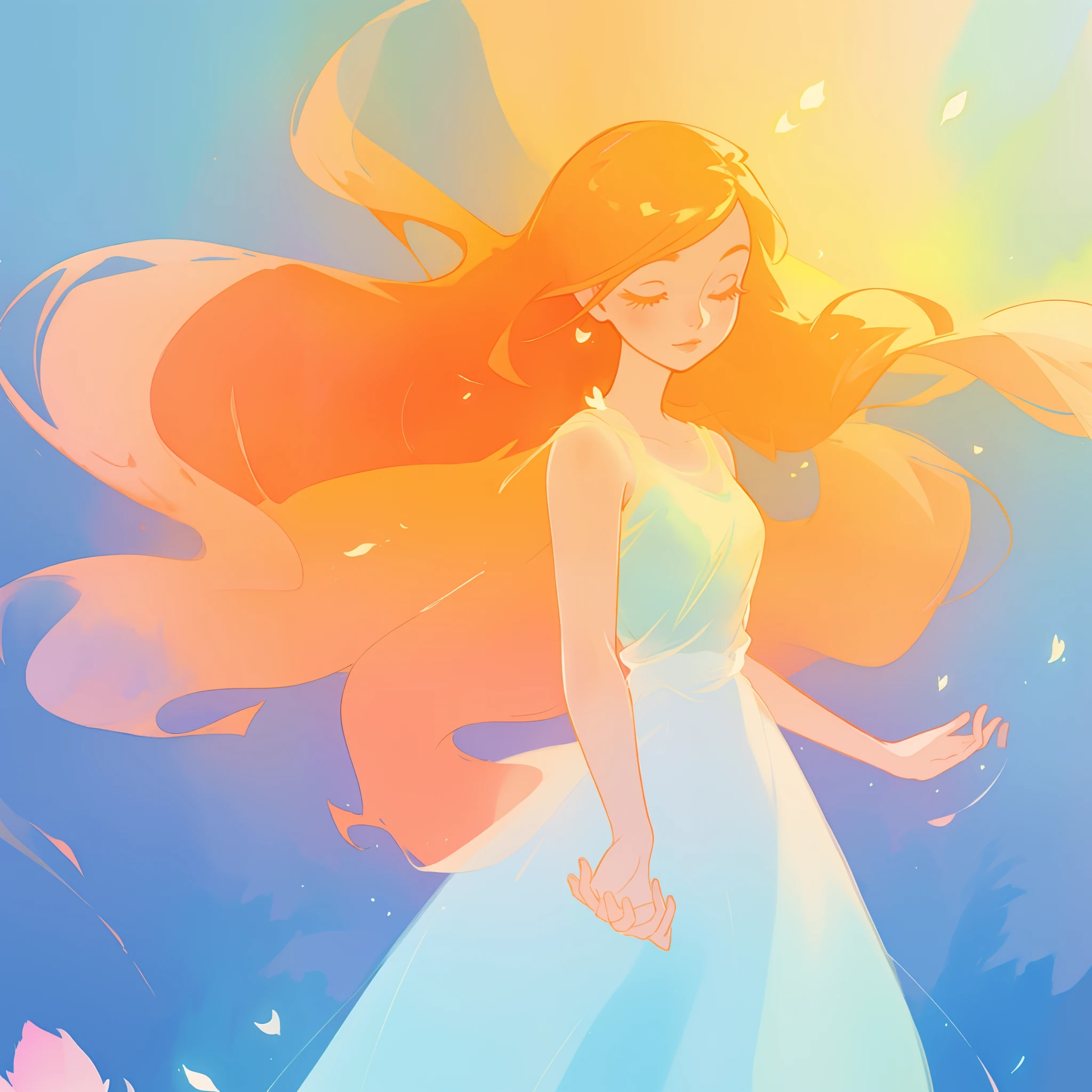beautiful girl in flowing multi-layered dress, fairy dress, long golden hair, watercolor illustration, inspired by Glen Keane, inspired by Lois van Baarle, disney art style, by Lois van Baarle, glowing aura around her, by Glen Keane, jen bartel, glowing lights! digital painting, flowing glowing hair, glowing flowing hair, beautiful digital illustration, fantasia otherworldly landscape plants flowers, beautiful, masterpiece, best quality, anime disney style