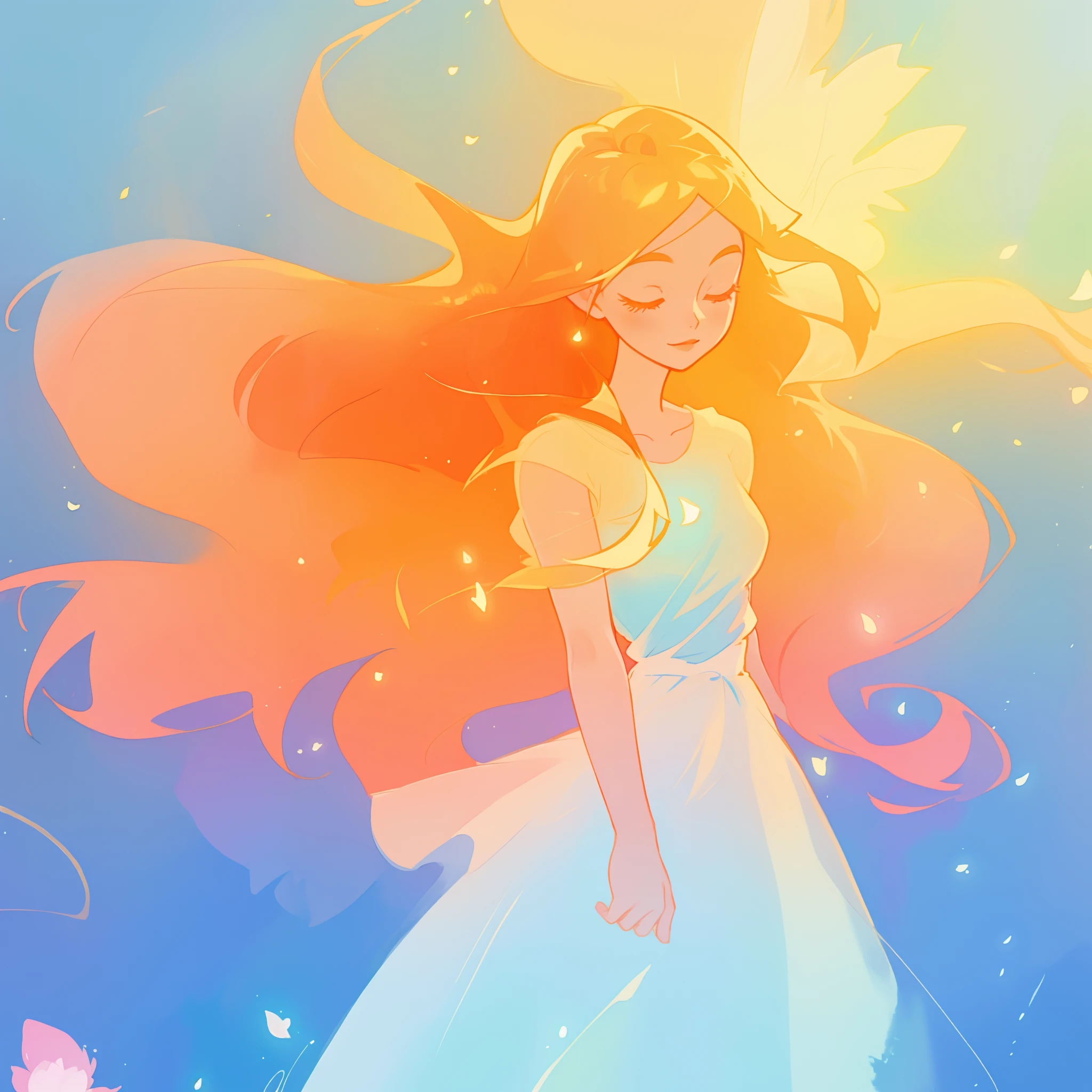 beautiful girl in flowing multi-layered dress, fairy dress, long golden hair, watercolor illustration, inspired by Glen Keane, inspired by Lois van Baarle, disney art style, by Lois van Baarle, glowing aura around her, by Glen Keane, jen bartel, glowing lights! digital painting, flowing glowing hair, glowing flowing hair, beautiful digital illustration, fantasia otherworldly landscape plants flowers, beautiful, masterpiece, best quality, anime disney style