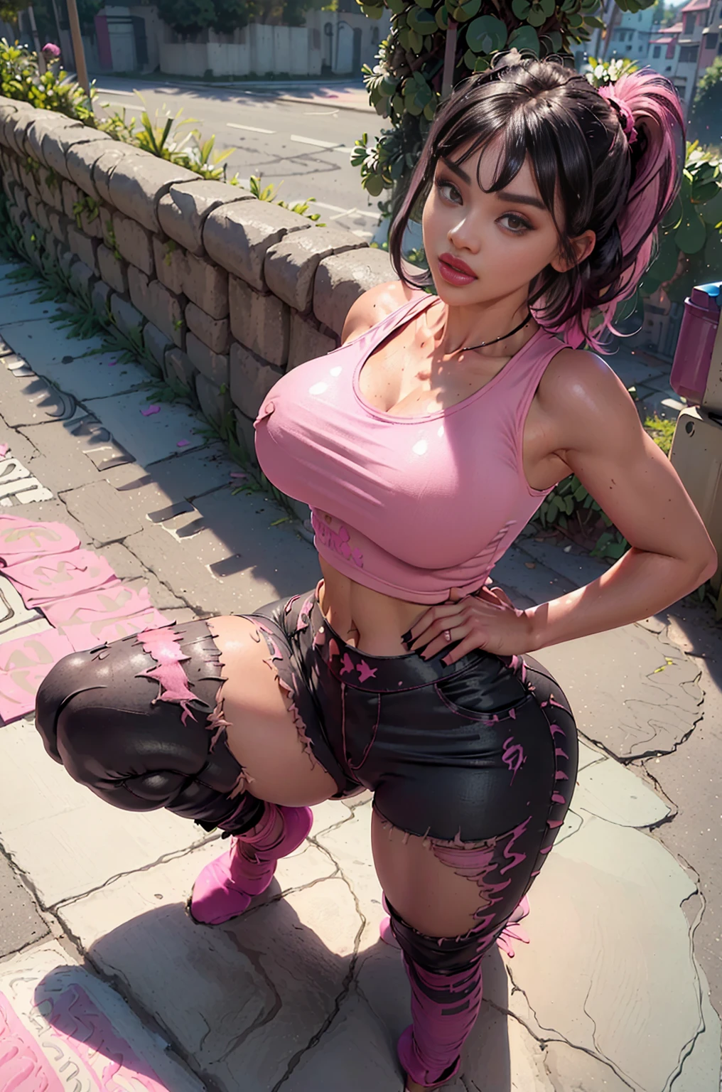 1girl,masterpiece, Big pussy, best quality, ultra-detailed, beautiful detailed,  (((extremely detailed face))), extremely detailed hands, (((tight pink tank top))), (((black hair))), dirty street, ((There is trash on the ground)), (((too skinny))),  (hot pants), (((look up))), (((wide hips))), belly button, ((hand on hip)), (grin),  (((slav-squat))), (pony tail), (((blunt bangs)))