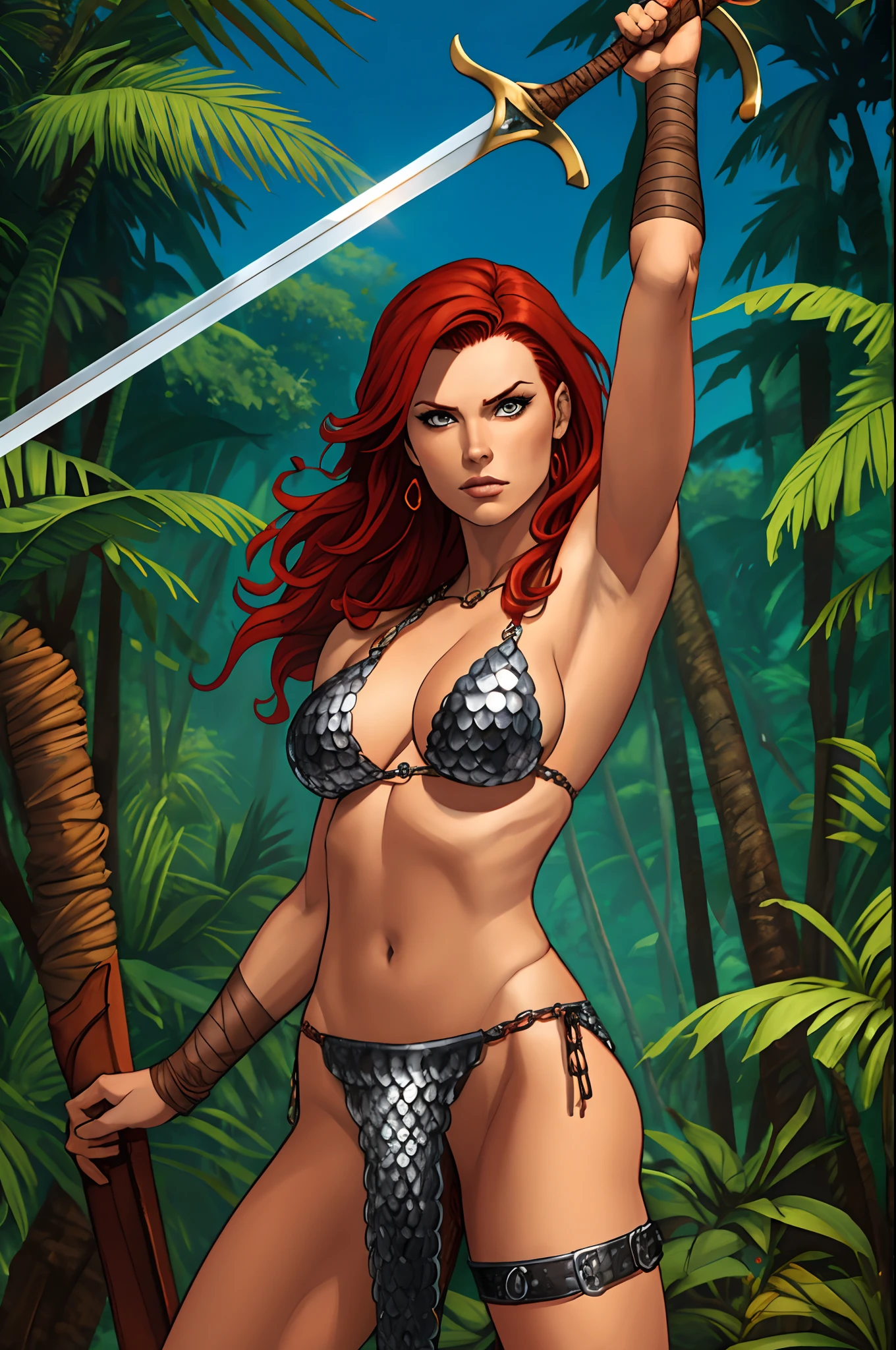 red hair, long red hair, red sonja, showing armpits, raised arms, arms up, arms behind head, posing, solo, masterpiece, armpits, chainmail bikini, groin, jungle background, rainforest, metal armbands, leg bandage, sword, raising sword