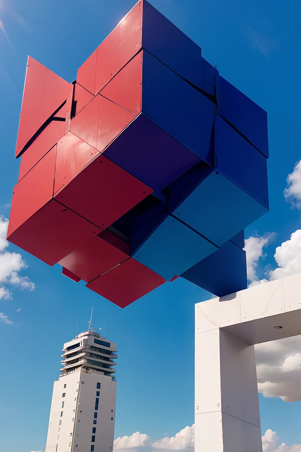Cubic red in plane blue Sky purple