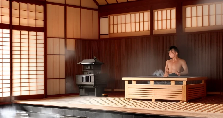 sauna、Lots of steam、Beautiful tatami mats、Stone and wood stove、Tea Ceremony in Japan、Black is the base tone、high-class sense、in the edo era、temple