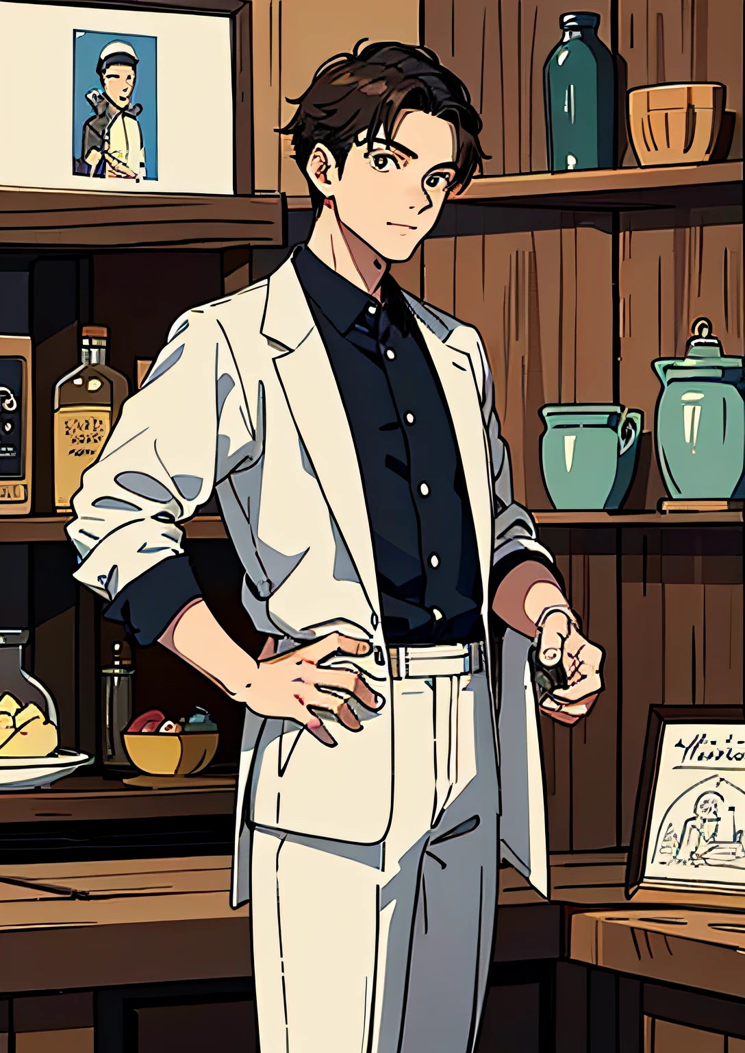 (Best Quality, Masterpiece), 1boy, 28 year old, Mature and steady, Antiquities Trader,merchant,tradit,The background is simple and pure white