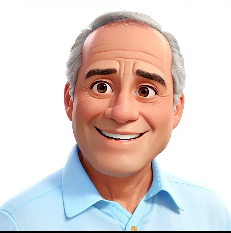 Um senhor de 70 anos, sorrindo, fundo branco, e blusa azul