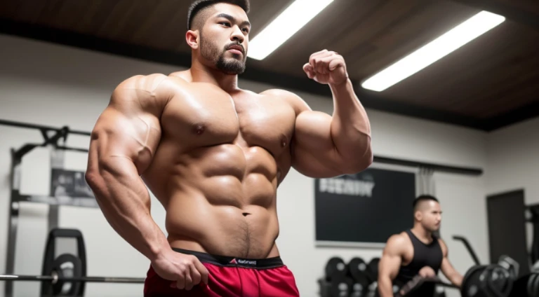 (Very detailed 8k wallpaper), Strong Asian Men, At the gym, high detailing, buzzcut, very large and strong body, bulging muscles, well-muscled, very large pectoral muscles. Very sexy abs, legs are muscular, Toned figure, lightens oily skin, muscular, Tank top, T-shirt, longshot, Wide Shot