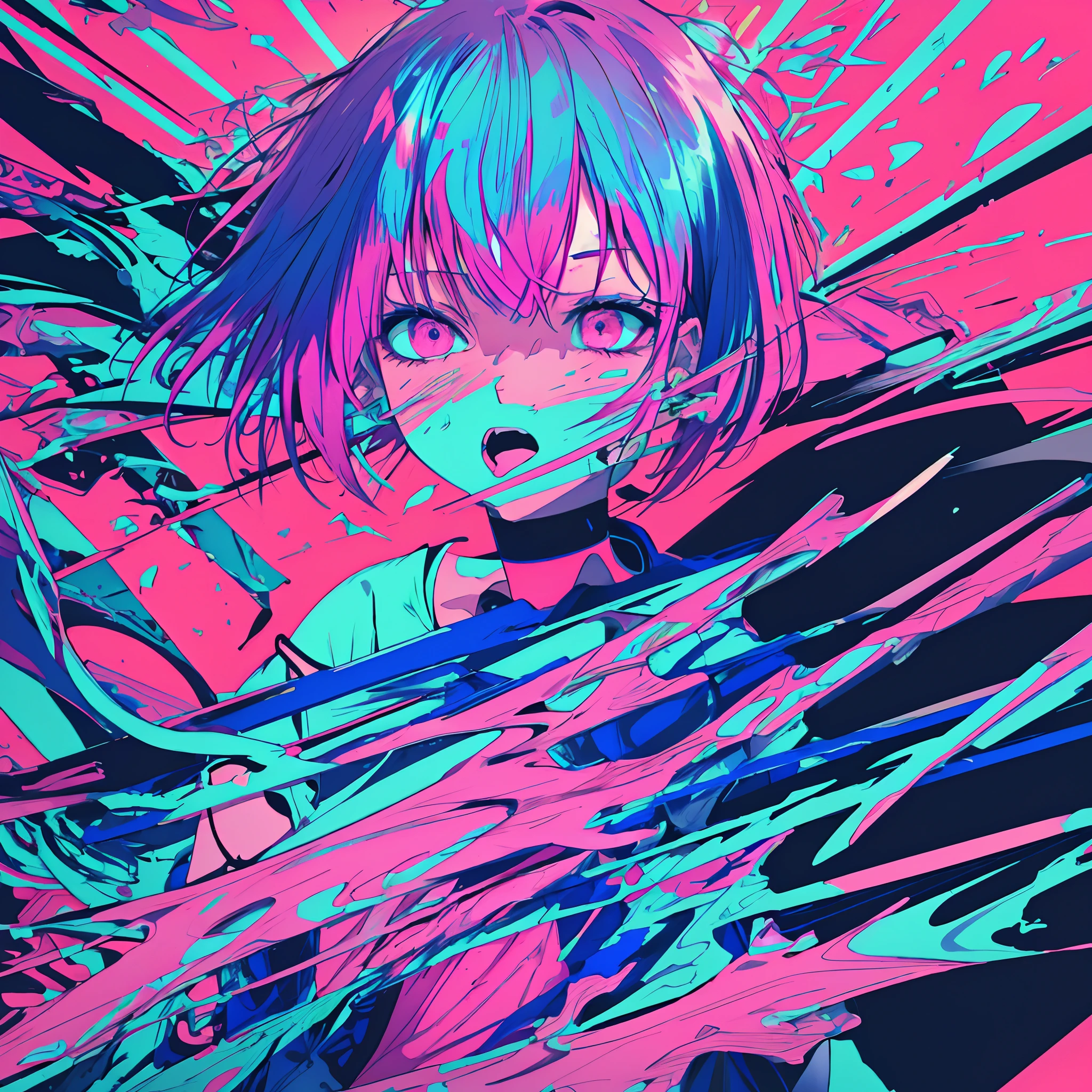 Neon Dreams, (masterpiece, best quality, ultra-detailed, highres, best illustration),perfect face, ((solo, solo focus, kawaii, neon rim lighting, neon back lights )),side lighting, epic, illustration, render, volumetric lighting, welcoming, see-through gossamer, lustrous skin,(bloom), (shine), 1girl, solo, looking at viewer, short hair, open mouth,shirt, blue hair, collarbone, upper body, pink hair, ahoge, short sleeves, earrings, tongue, tongue out, pink eyes, off shoulder, colored inner hair, x-ray, ribs, skeleton, bone, spine, skeleton print, specular highlights, neon theme, neon futurism, dynamic angle, dynamic pose,city background