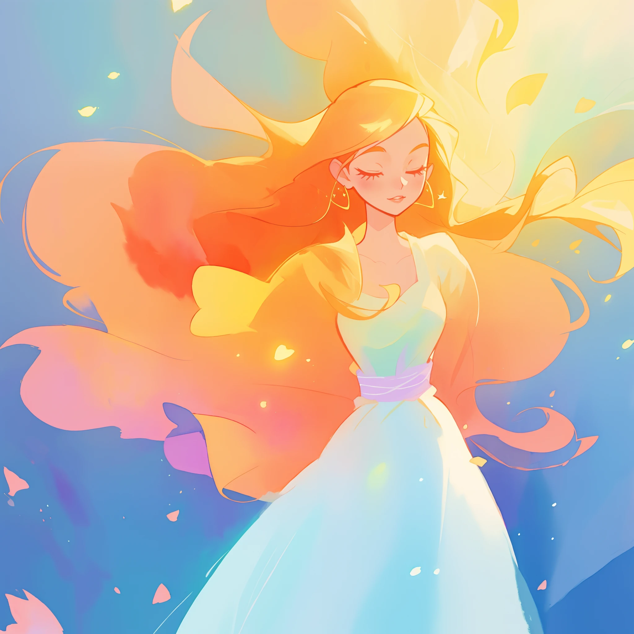 beautiful girl in flowing multi-layered dress, fairy dress, long golden hair, watercolor illustration, inspired by Glen Keane, inspired by Lois van Baarle, disney art style, by Lois van Baarle, glowing aura around her, by Glen Keane, jen bartel, glowing lights! digital painting, flowing glowing hair, glowing flowing hair, beautiful digital illustration, fantasia otherworldly landscape plants flowers, beautiful, masterpiece, best quality, anime disney style