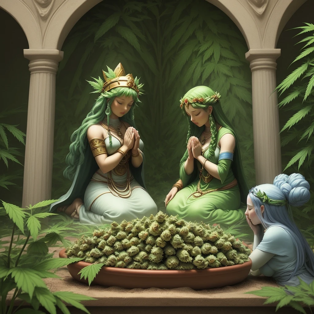 Marijuana goddesses and gods praying over a Marijuana plant