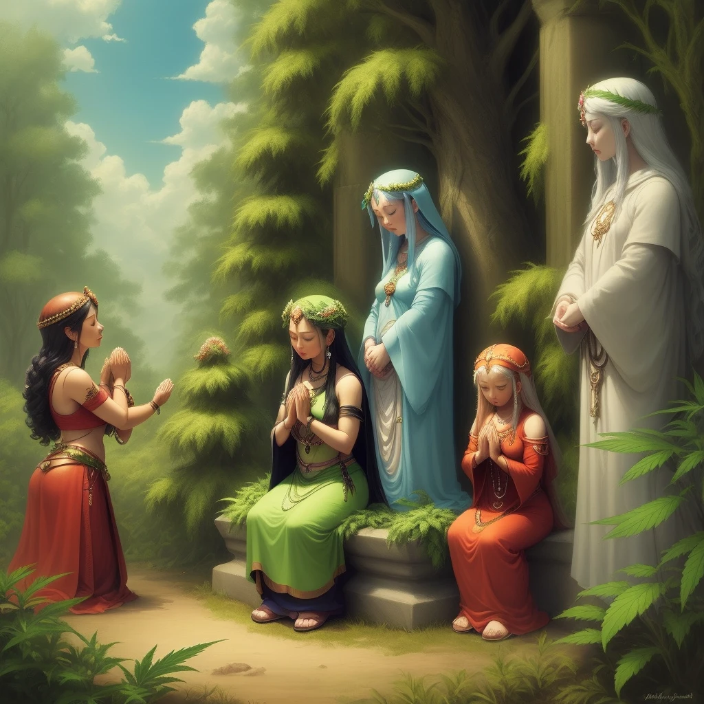 Marijuana goddesses and gods praying over a Marijuana plant