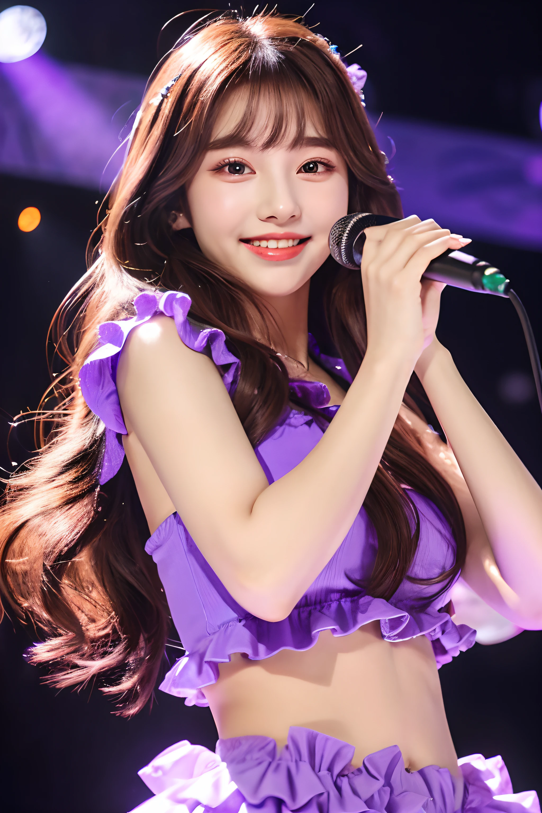 (((upper bod)))、((Girl in 1))、(looking at view)、(18year old)、(((Purple long hair)))、(The best smile)、(Purple idol costume with ruffles)、(brown-eyed)、(Photoreal Stick:1.2)、in 8K、(High quality shadows)、Detail Beautiful delicate face、Detail Beautiful delicate eyes、Cute K-pop Idol、(Korean Urzan Face)、(ulzzang -6500-v1.1:0.6)、gloweyes、perfectbody、Natural color reproduction、Bright red lipstick、Shiny hair、Description beautiful delicate hair、(Lustrous skin)、电影灯光、Holding a microphone on the stage of a live house、Singing and dancing with all their might、Dazzling spotlights、