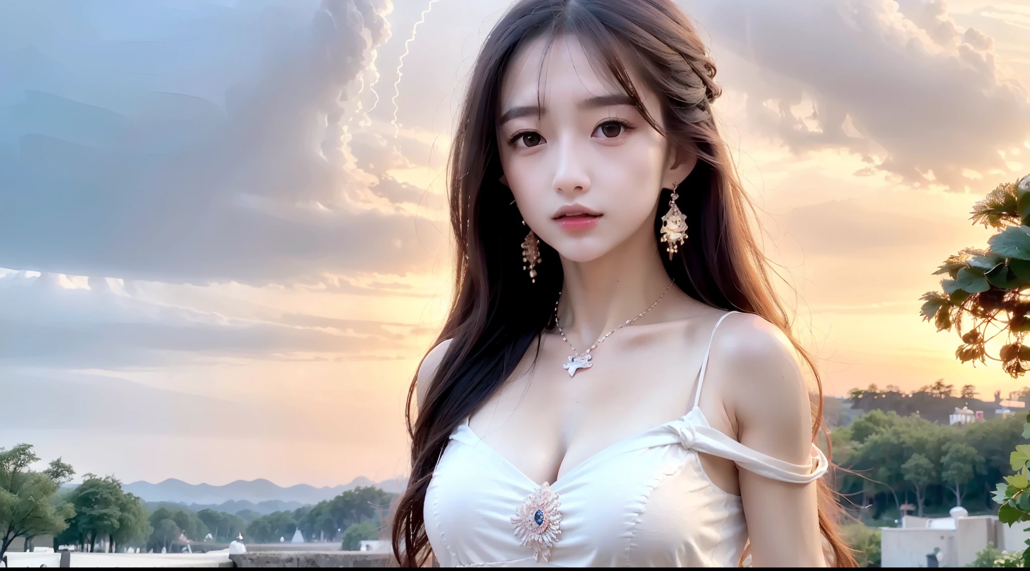 Best quality, Masterpiece, (Realistic: 1.2), 1 girl, Slim girl, Brown hair, Brown eyes, Front, Detailed face, Beautiful eyes, Brown eyes, Big eyes,Long white dress,Ancient architectural background
