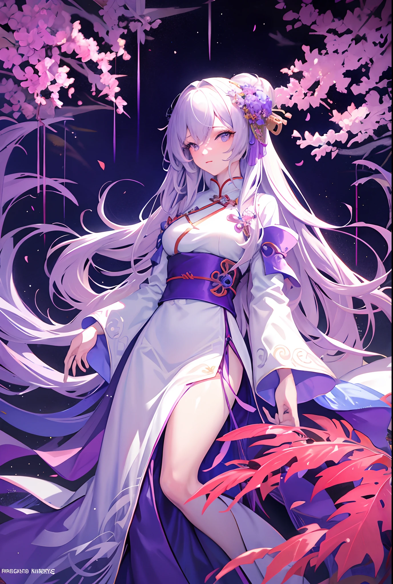 anime girl with long hair andl ight purple pik hair in white dress, fine details. girls frontline, from girls frontline, official character art, fate grand order, detailed anime character art, girls frontline cg, hajime yatate, anime style like fate/stay night, girls frontline style, girls frontline universe, misato katsuragi, girls frontline, detailed key anime art, hanfu, white hanfu dress, chinese clothing, art, art 4k, hd art, artstation