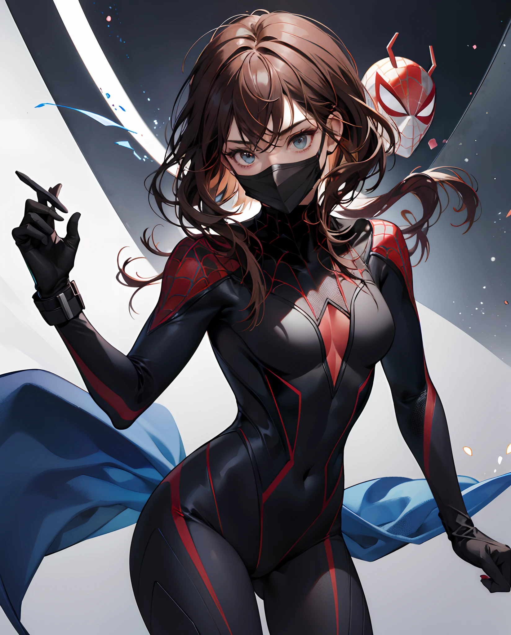 Spiderverse character, woman, dark skin, medium red brown hair, black and blue spider suit, mask on
