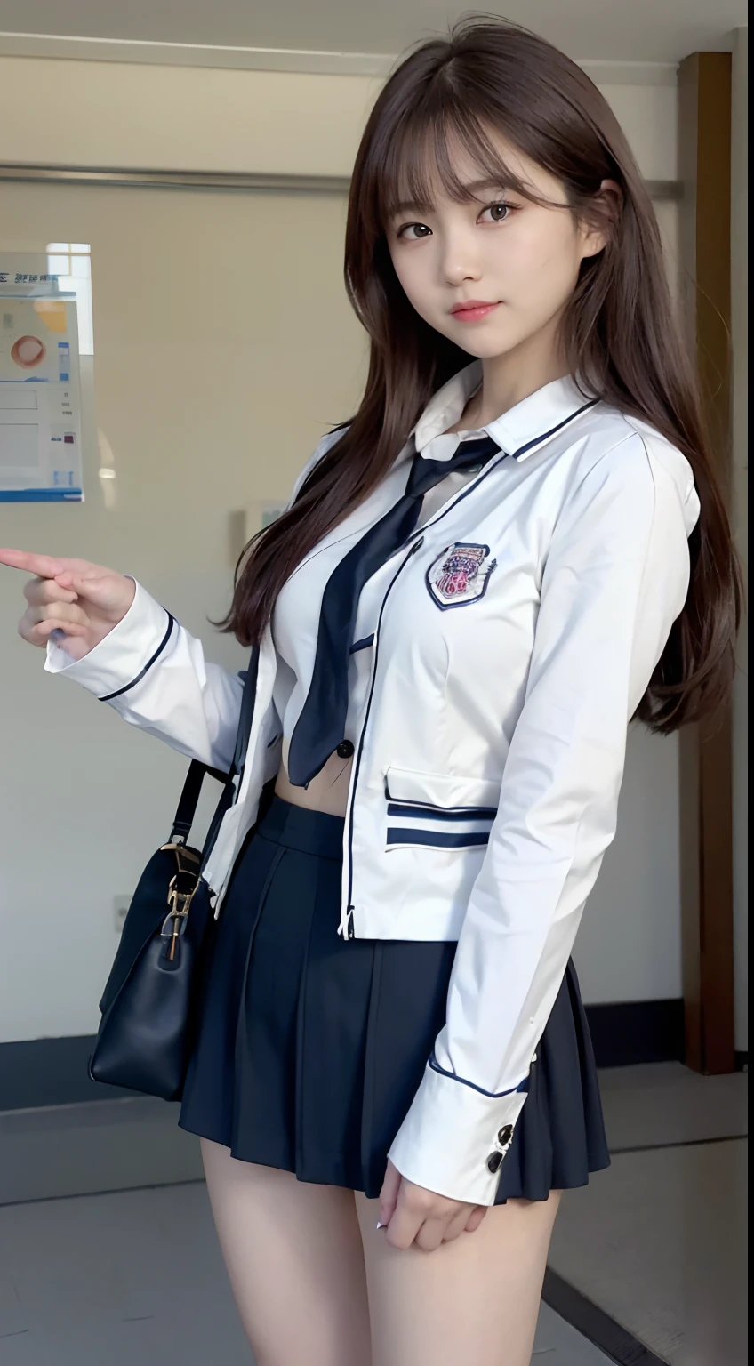 (16 K, Raw photography, Top image quality, ​masterpiece: 1.45), (realisitic, Photorealsitic: 1.37), one girls, cute little, A city scape,, profetional lighting, photon maping, school classrooms, physically-based renderingt, dark brown  hair,pony tail hairstyle, Well-groomed and beautiful eyes、((二重まぶた))、Transcendent Cute Girl, (((student clothes、blazers、Long sleeve shirt worn by Japan high school girl、Ribbon Ties、Dark blue mini skirt,、Dark blue socks、Black loafers))), Top Quality Photos, hight resolution, 1080p, (clearface), (Detailed face description), (Detailed hand description), (​masterpiece), (Exquisite CG)、extreme light and shadows、dishevled hair、master work、abundant detail、(Fine facial features)、(top quality photo)、(masuter piece)、(A detailed eye)、Look in front of you、Fine clavicle、((Slender big))、(((Japan schoolgirls wear jackets and long-sleeved shirts)))、((Neat and clean idol))、((School Gate、school ground、School building in the background))、(Shooting from random perspectives)、(((Anyway cute)))、耳Nipple Ring、A big smile、Drawing the whole body from the knees、Do not draw nasolabial folds、(((Sports bags used by Japan schoolgirls)))、(Big breasts that hang down big:1.2)、Big buttocks with tension、Two arms and two legs、(((from the front side:0.7)))、bare hand、(((Left and right symmetrical eyes)))、Standing Pose、Put your hands on your desk、Do not take the tie out of the jacket、Raise your buttocks:1.5，barebacked:1.5，