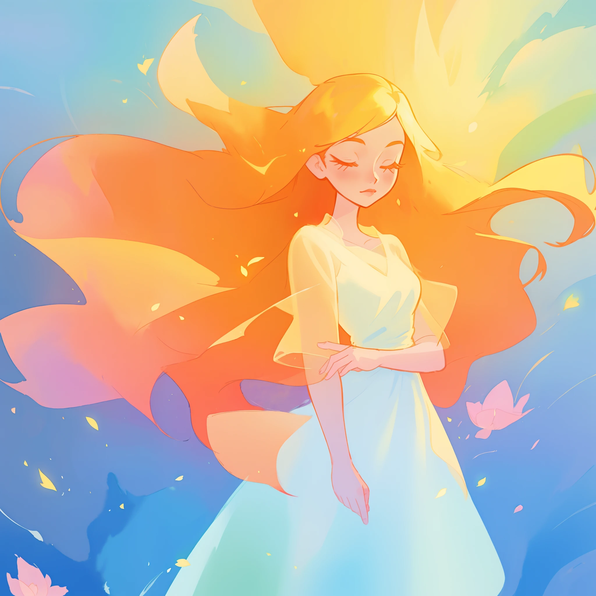 beautiful girl in flowing multi-layered dress, fairy dress, long golden hair, watercolor illustration, inspired by Glen Keane, inspired by Lois van Baarle, disney art style, by Lois van Baarle, glowing aura around her, by Glen Keane, jen bartel, glowing lights! digital painting, flowing glowing hair, glowing flowing hair, beautiful digital illustration, fantasia otherworldly landscape plants flowers, beautiful, masterpiece, best quality, anime disney style