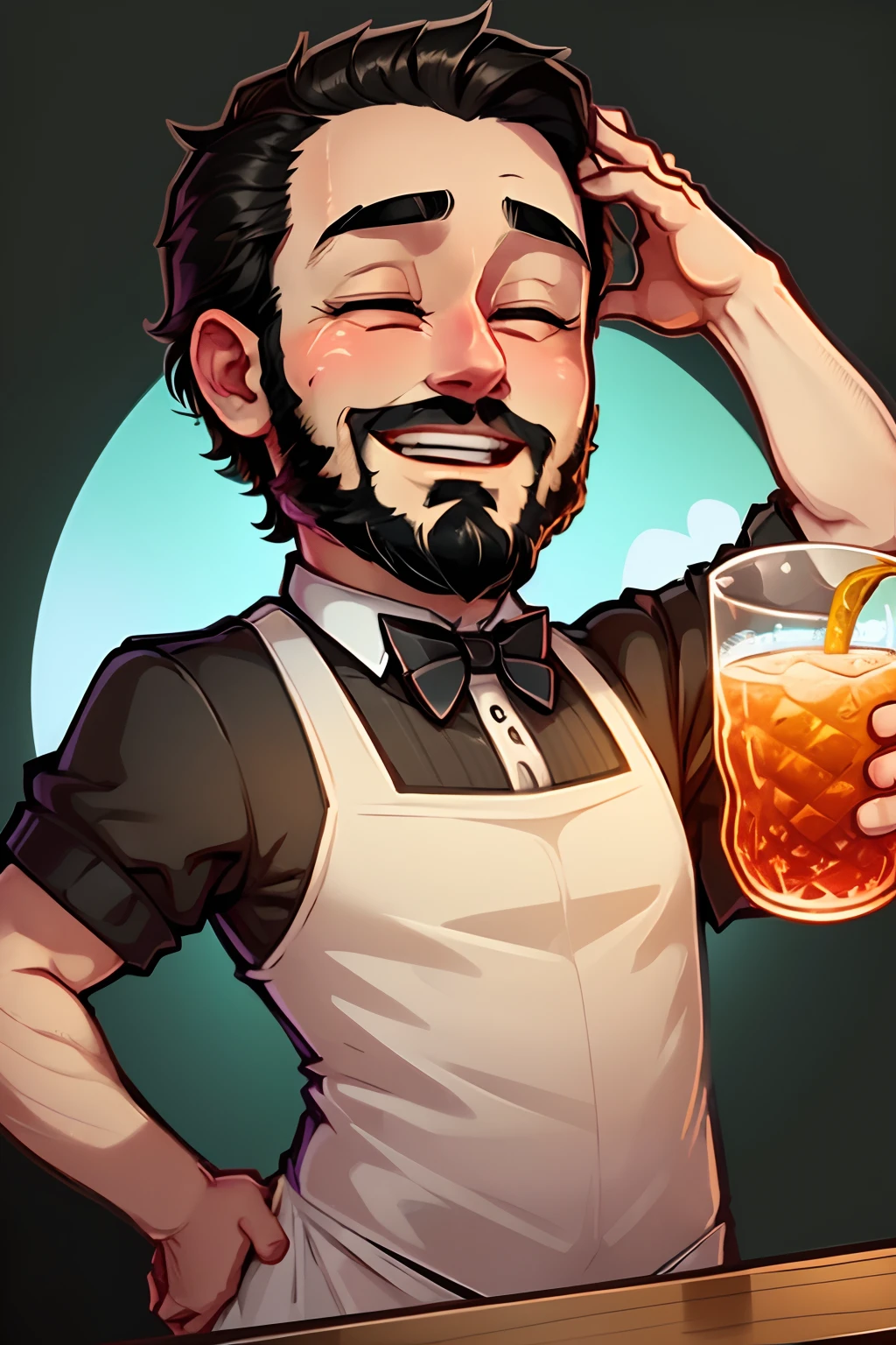 a stickers man who is a bartender. black short hair and beard . He has a friendly face and wears a bartender's uniform, complete with apron and bow tie,big laughing with eyes closed, represented with vibrant colors , big eyes and a welcoming appearance. chibbi anime style. White background