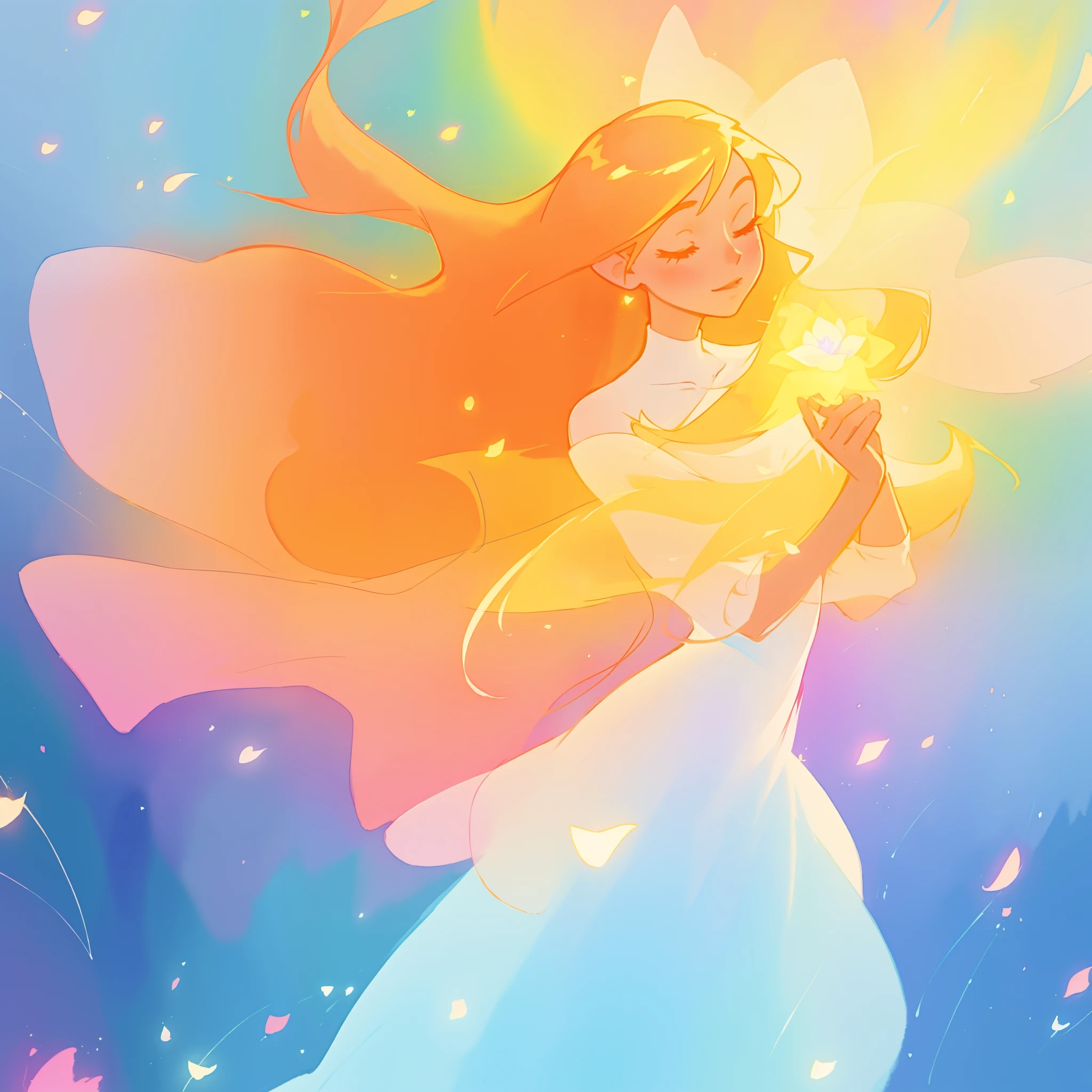 beautiful girl in flowing multi-layered dress, fairy dress, long golden hair, watercolor illustration, inspired by Glen Keane, inspired by Lois van Baarle, disney art style, by Lois van Baarle, glowing aura around her, by Glen Keane, jen bartel, glowing lights! digital painting, flowing glowing hair, glowing flowing hair, beautiful digital illustration, fantasia otherworldly landscape plants flowers, beautiful, masterpiece, best quality, anime disney style