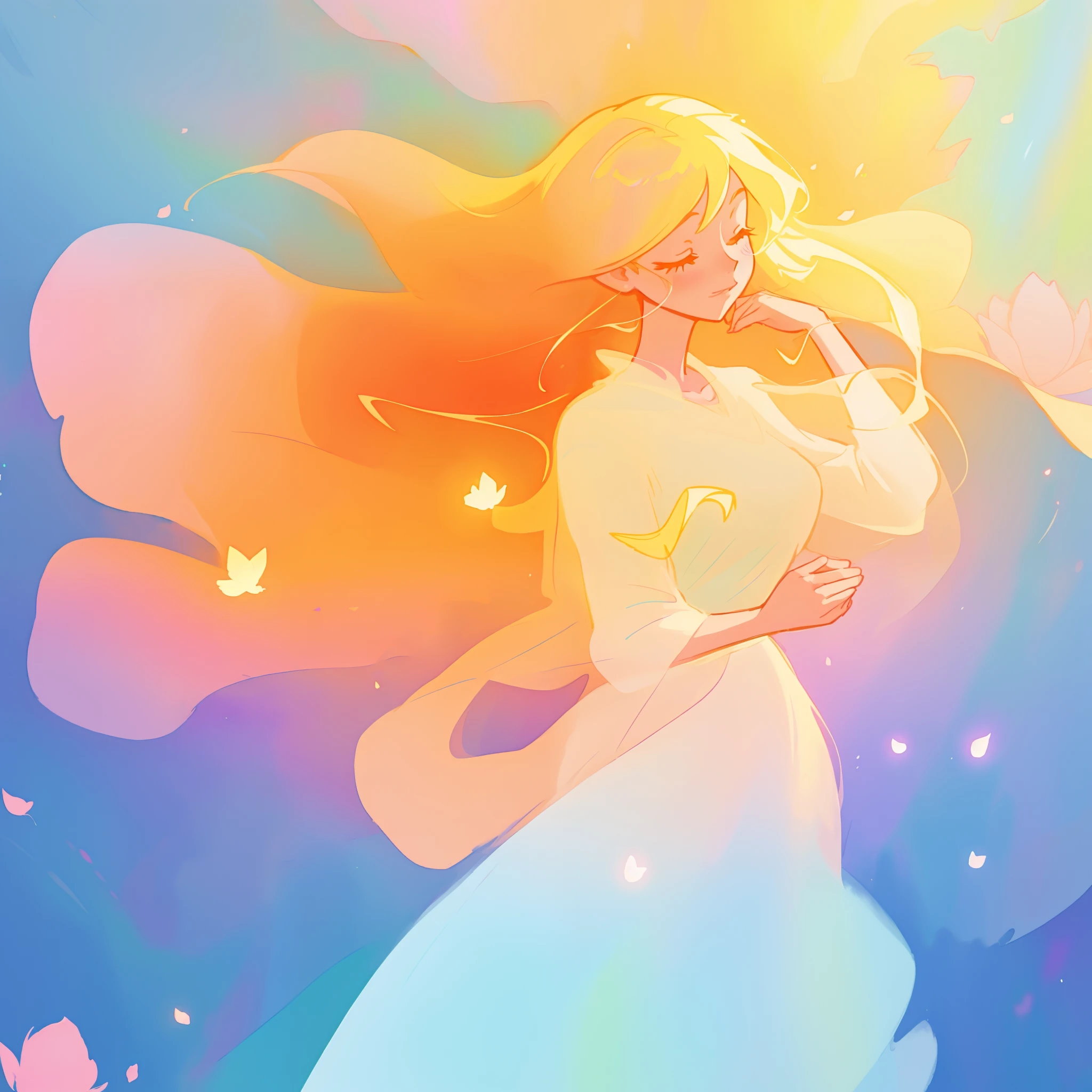 beautiful girl in flowing multi-layered dress, fairy dress, long golden hair, watercolor illustration, inspired by Glen Keane, inspired by Lois van Baarle, disney art style, by Lois van Baarle, glowing aura around her, by Glen Keane, jen bartel, glowing lights! digital painting, flowing glowing hair, glowing flowing hair, beautiful digital illustration, fantasia otherworldly landscape plants flowers, beautiful, masterpiece, best quality, anime disney style