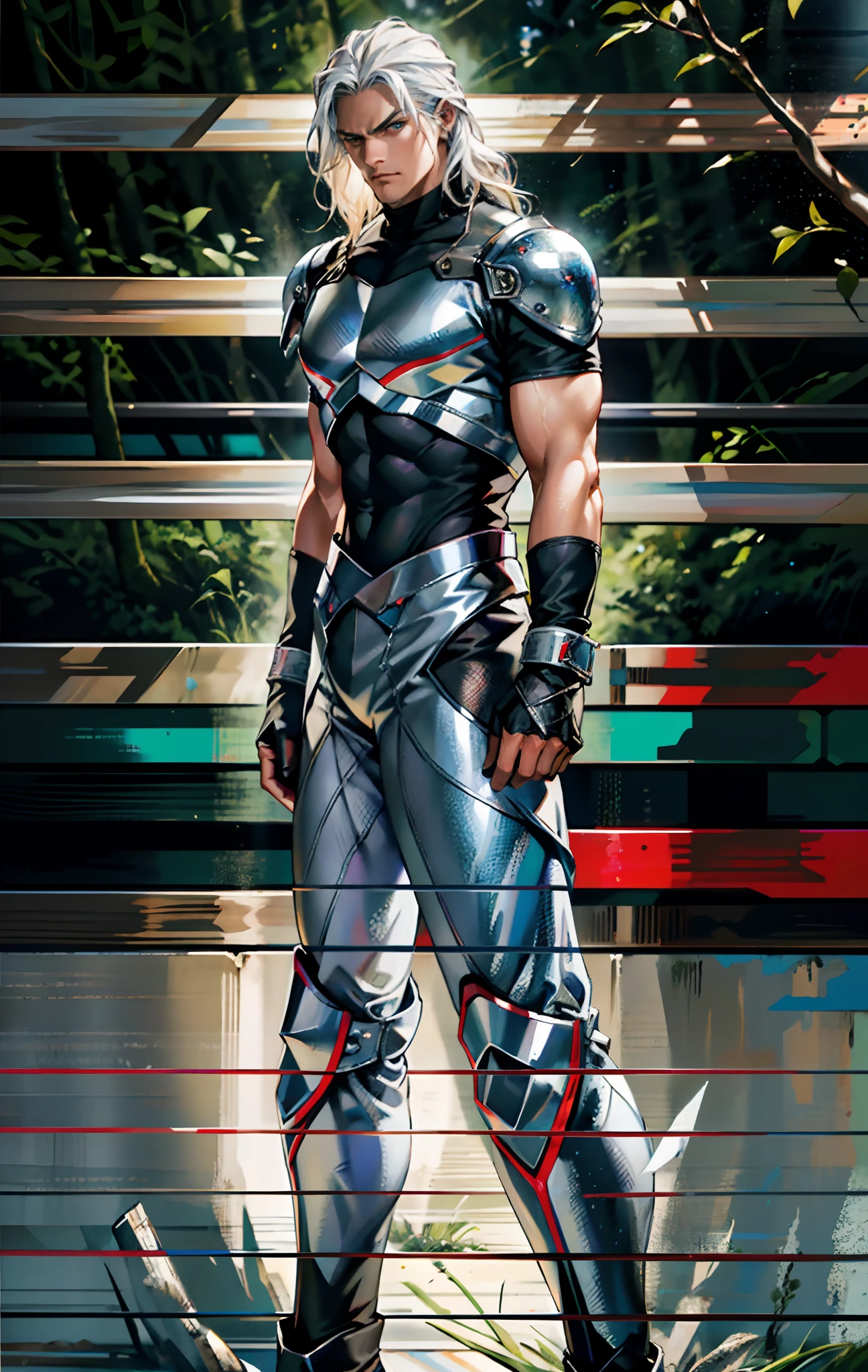A middle-aged man, long platinum-blond hair, neatly combed hair, a square face, a serious expression, sharp eyes, tall figure, a dark fantasy-realistic style bodysuit, short sleeve, a silver-white chestplate, gloves with metal accessories, three metal blades extending from the gloves, tight-fitting pants that match the bodysuit, silver-white metal shin guards, boots, the background is a mountain forest at night, with falling leaves, this character embodies a finely crafted fantasy-realistic style assassin in anime style, characterized by an exquisite and mature manga illustration art style, high definition, best quality, highres, ultra-detailed, ultra-fine painting, extremely delicate, professional, anatomically correct, symmetrical face, extremely detailed eyes and face, high quality eyes, creativity, RAW photo, UHD, 8k, Natural light, cinematic lighting, masterpiece-anatomy-perfect, masterpiece:1.5