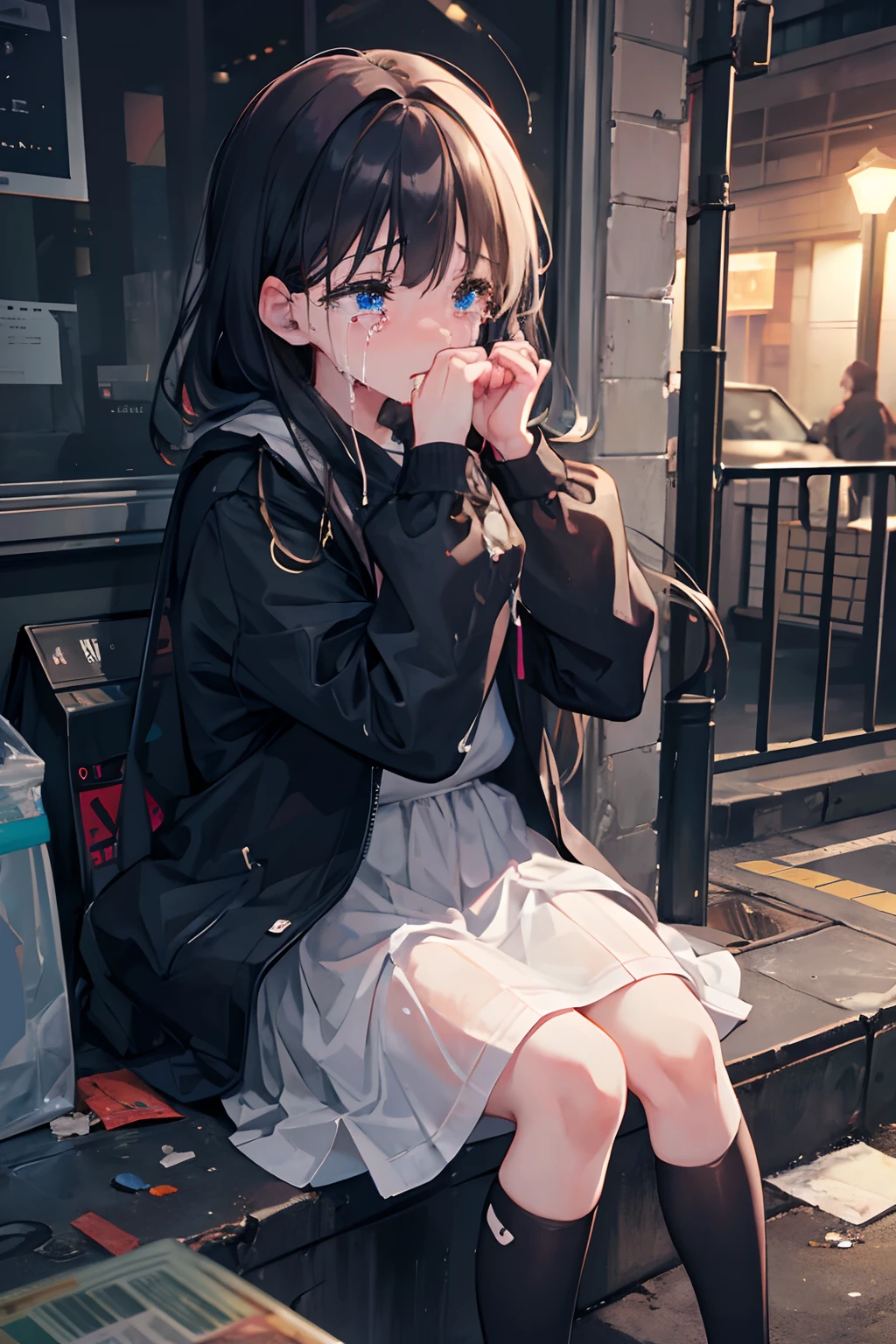 1girl, sitting on sidewalk littered with trash, looking down, (((crying))), tears falling down herface, dystopia, 8k, high quality, detailed face, detailed hands, depressing, sad, raining outside, (((nighttime)))