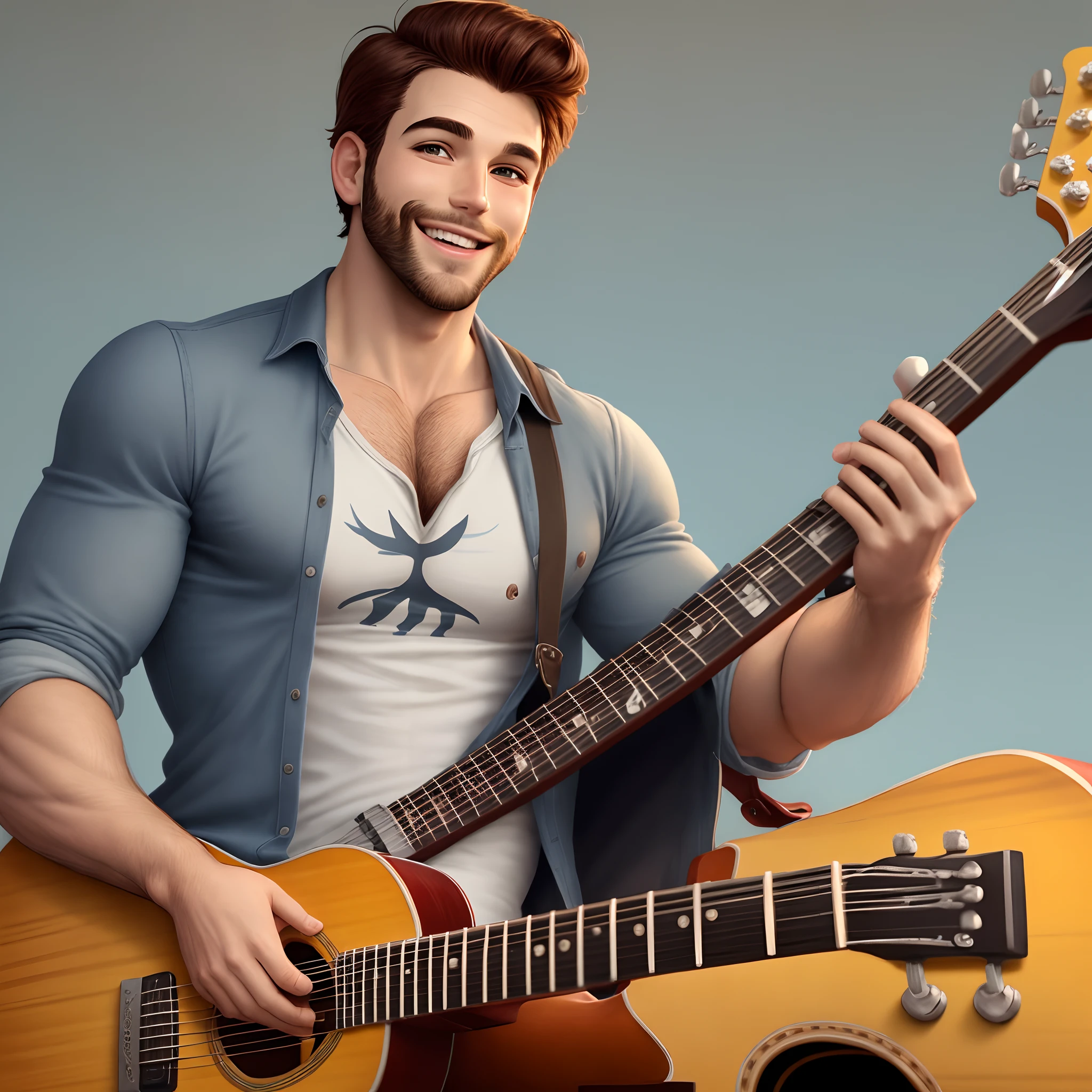 Estilo Pixar, homem magro, 32 anos, cabelo raspado, usando touca, camisa de flanela xadrez vermelha com preto, holding guitar, barba escura e densa, sorridente