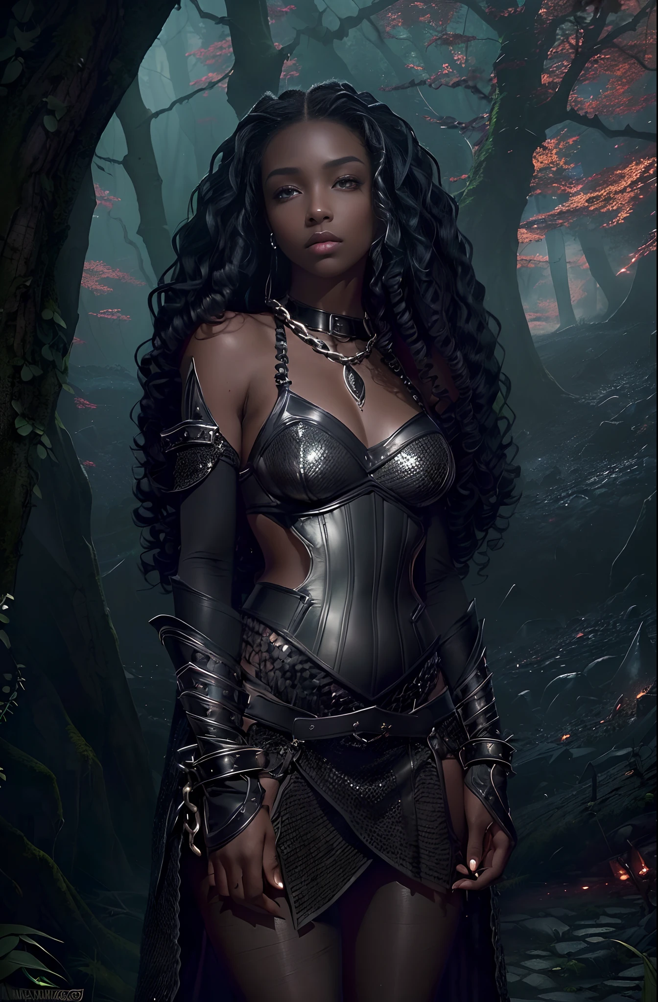 ((17-year-old))), black girl, (((light skin))), (((full body pose))), (((long curly black hair))), (((wearing tight chainmail micromini skirt, chainmail bra, open front cloak))), (((seamless, black, pantyhose))), standing in the dark woods at night, moonlight shining through the dense canopy, (((dark castle in the background))), dark fantasy, Rich, Deep Colours, (intricate details:0.9), (HDR, hyper-detailing:1.2), (natural skin textures, hyper realisitc, glistening skin, soft light, Sharp),