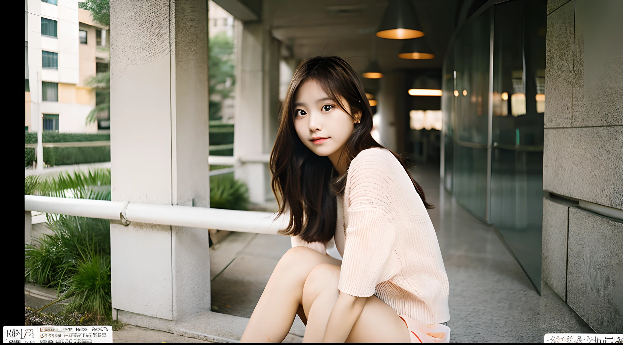 18-year-old female college student in a peach-colored miniskirt