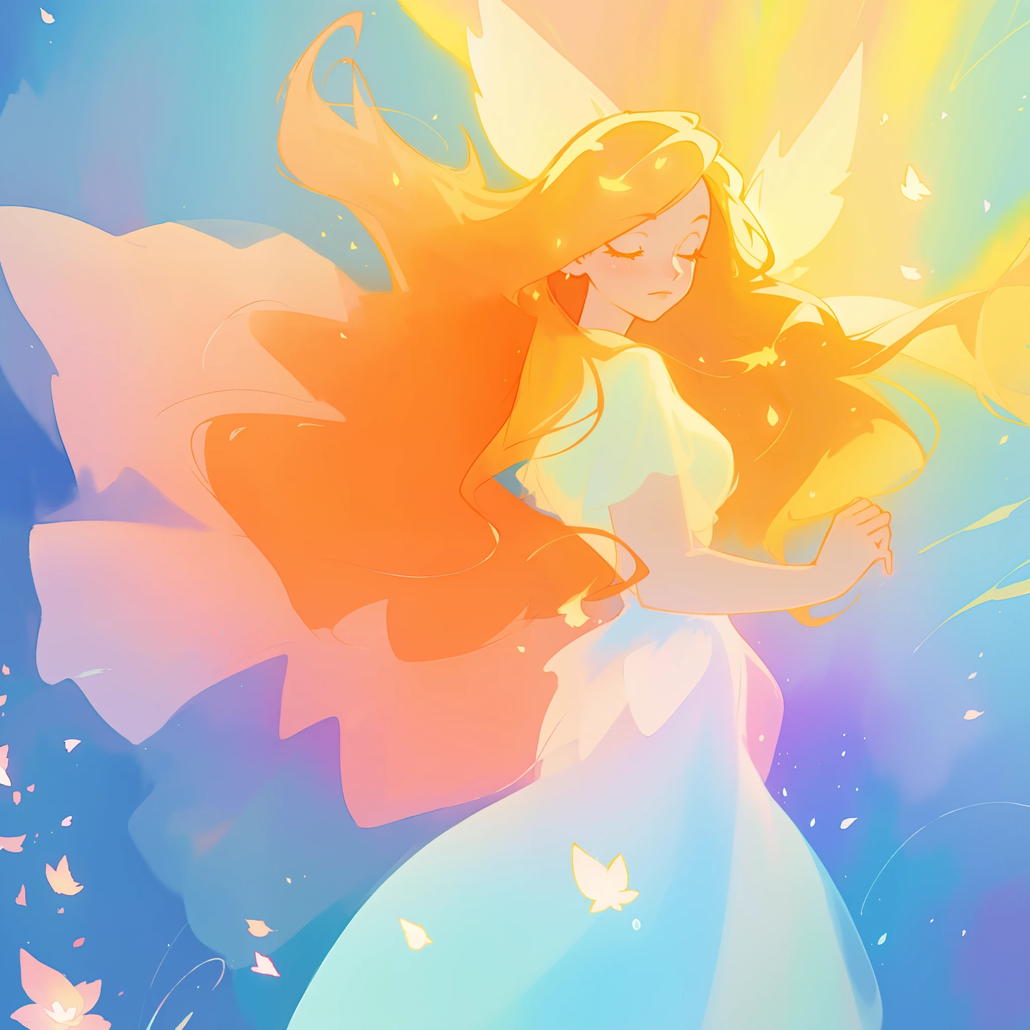 beautiful girl in flowing multi-layered dress, fairy dress, long golden hair, watercolor illustration, inspired by Glen Keane, inspired by Lois van Baarle, disney art style, by Lois van Baarle, glowing aura around her, by Glen Keane, jen bartel, glowing lights! digital painting, flowing glowing hair, glowing flowing hair, beautiful digital illustration, fantasia otherworldly landscape plants flowers, beautiful, masterpiece, best quality, anime disney style