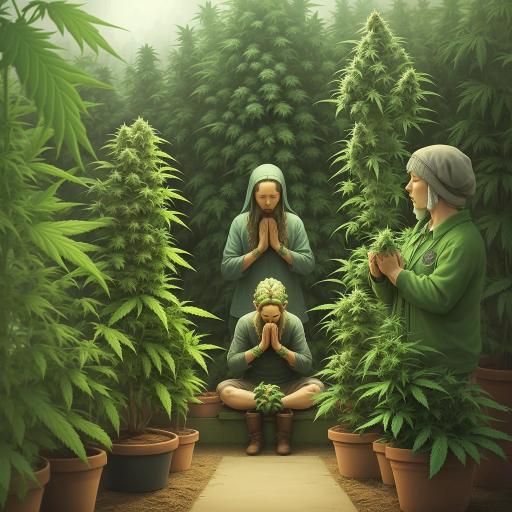 Marijuana gods praying over a Marijuana plant