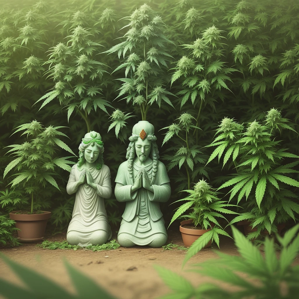 Marijuana gods praying over a Marijuana plant