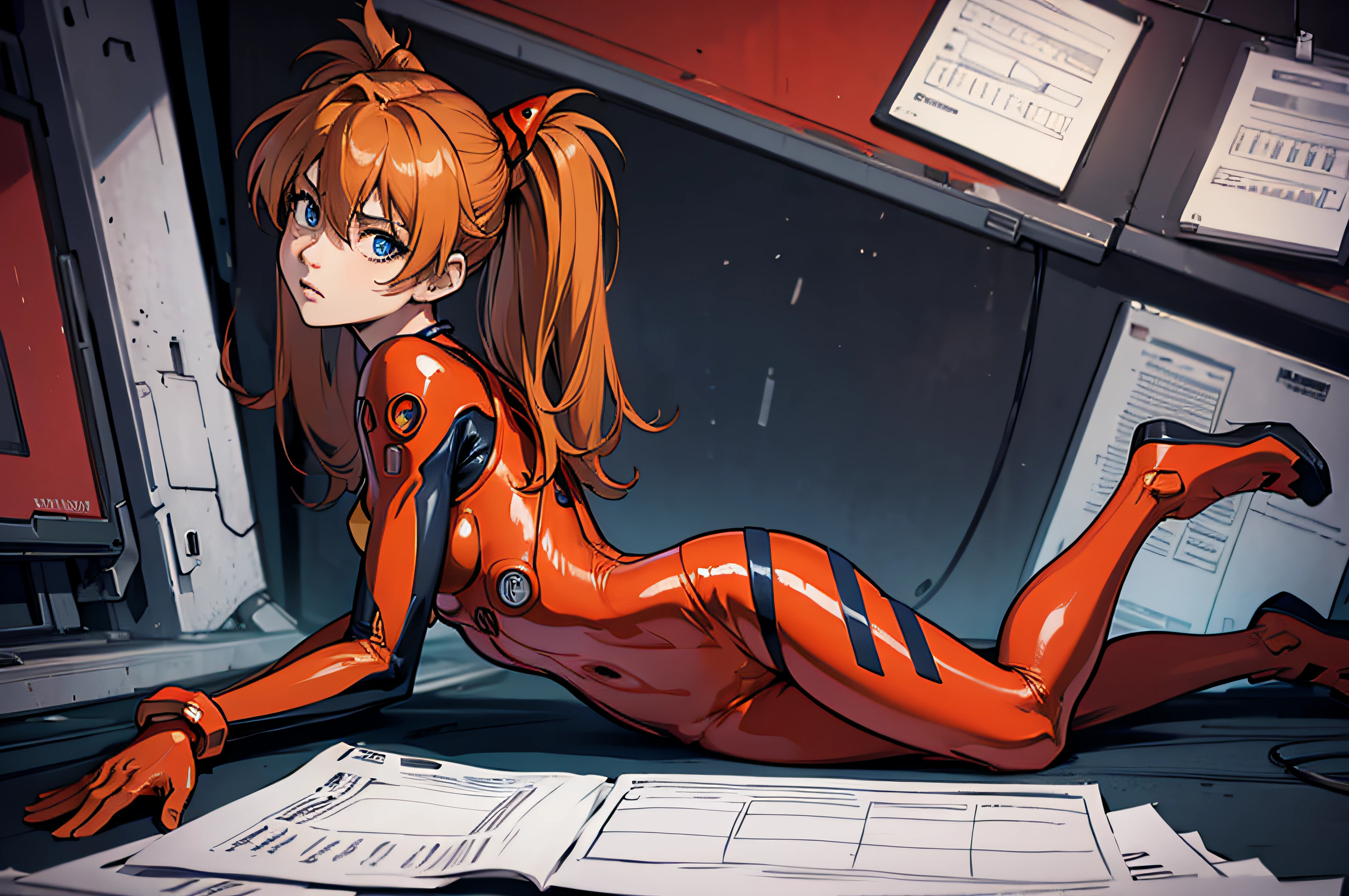 from side, (masterpiece), best quality, expressive eyes, perfect face, 1girl, solo,asuka langley soryu, blue eyes, hair between eyes, headgear, interface headset, orange hair, bodysuit, long sleeves, plugsuit, red bodysuit, laboratory background, sitting on the floor, straight leg, bent leg,character sheet, upper body, portrait, looking at the viewer