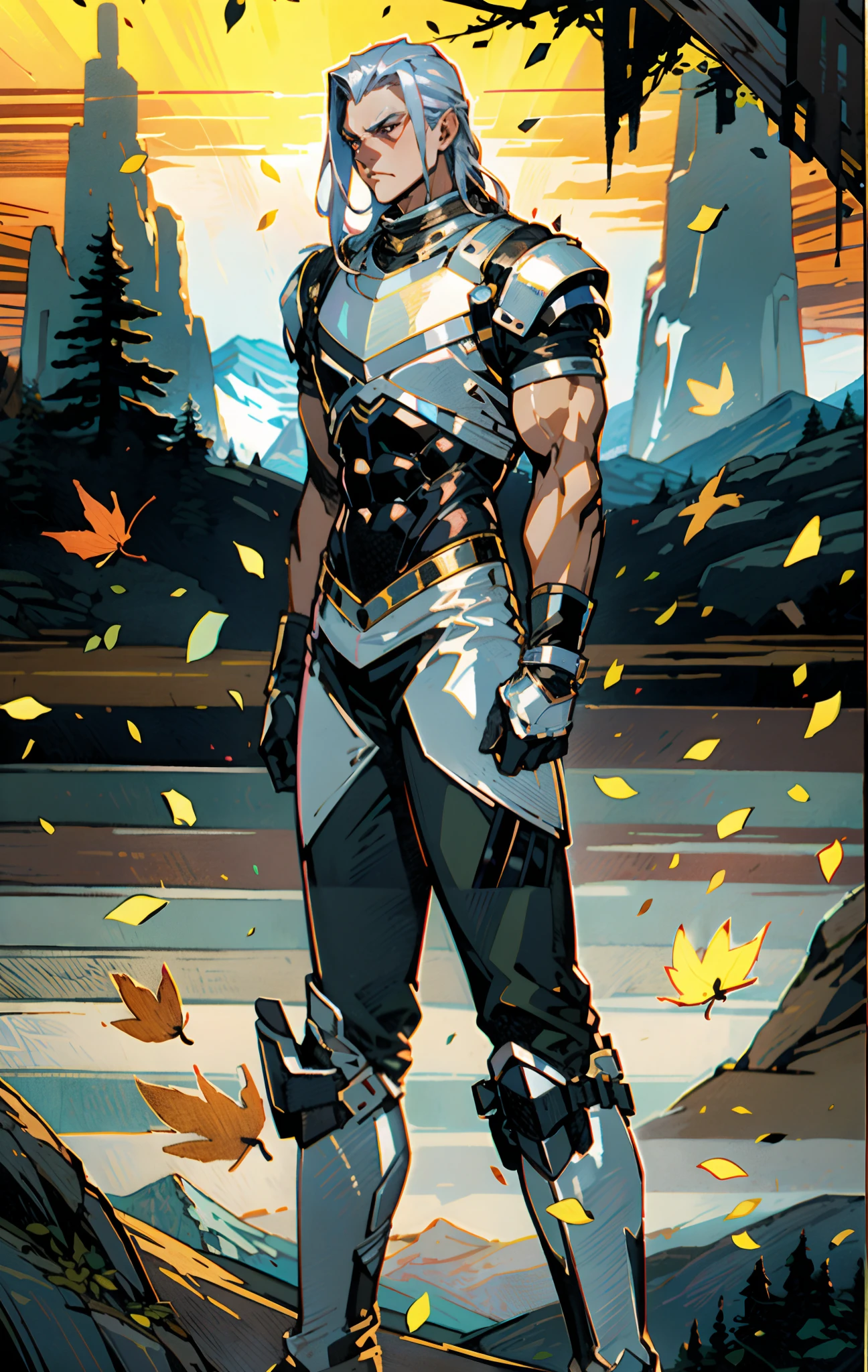 A middle-aged man, long platinum-blond hair, neatly combed hair, a square face, a serious expression, sharp eyes, tall figure, a dark fantasy-realistic style bodysuit, short sleeve, a silver-white chestplate, gloves with metal accessories, three metal blades extending from the gloves, tight-fitting pants that match the bodysuit, silver-white metal shin guards, boots, the background is a mountain forest at night, with falling leaves, this character embodies a finely crafted fantasy-realistic style assassin in anime style, characterized by an exquisite and mature manga illustration art style, high definition, best quality, highres, ultra-detailed, ultra-fine painting, extremely delicate, professional, anatomically correct, symmetrical face, extremely detailed eyes and face, high quality eyes, creativity, RAW photo, UHD, 8k, Natural light, cinematic lighting, masterpiece-anatomy-perfect, masterpiece:1.5