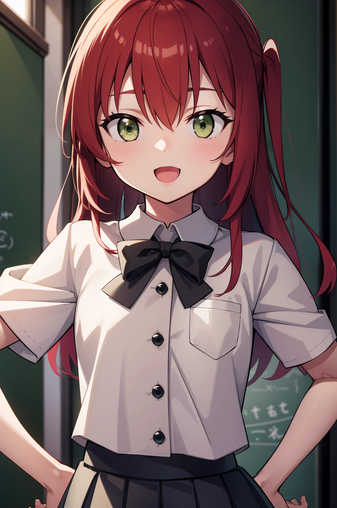 kitaikuyo, ikuyo kita, (green eyes:1.5), hair between eyes, long hair, one side up, red hair, (flat chest:1.2),
BREAK black footwear, black skirt, grey sailor collar, pleated skirt, sailor collar, school uniform, shoes, short sleeves, shuka high school uniform, skirt,,
BREAK looking at viewer,
BREAK indoors, classroom,
BREAK (masterpiece:1.2), best quality, high resolution, unity 8k wallpaper, (illustration:0.8), (beautiful detailed eyes:1.6), extremely detailed face, perfect lighting, extremely detailed CG, (perfect hands, perfect anatomy),up chest.put hands on the hip.big breasts.smile.open mouth.