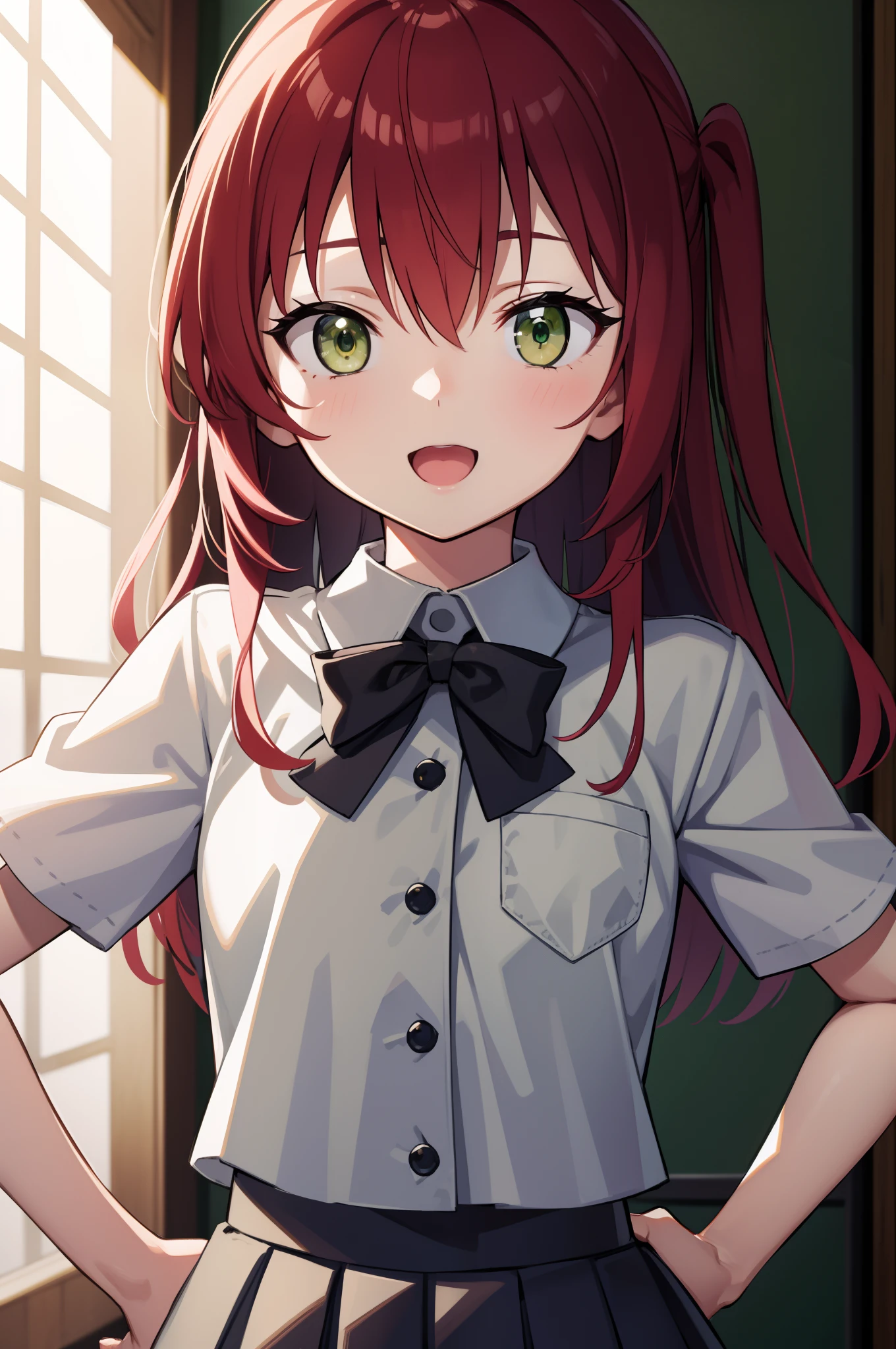 kitaikuyo, ikuyo kita, (green eyes:1.5), hair between eyes, long hair, one side up, red hair, (flat chest:1.2),
BREAK black footwear, black skirt, grey sailor collar, pleated skirt, sailor collar, school uniform, shoes, short sleeves, shuka high school uniform, skirt,,
BREAK looking at viewer,
BREAK indoors, classroom,
BREAK (masterpiece:1.2), best quality, high resolution, unity 8k wallpaper, (illustration:0.8), (beautiful detailed eyes:1.6), extremely detailed face, perfect lighting, extremely detailed CG, (perfect hands, perfect anatomy),up chest.put hands on the hip.big breasts.smile.open mouth.